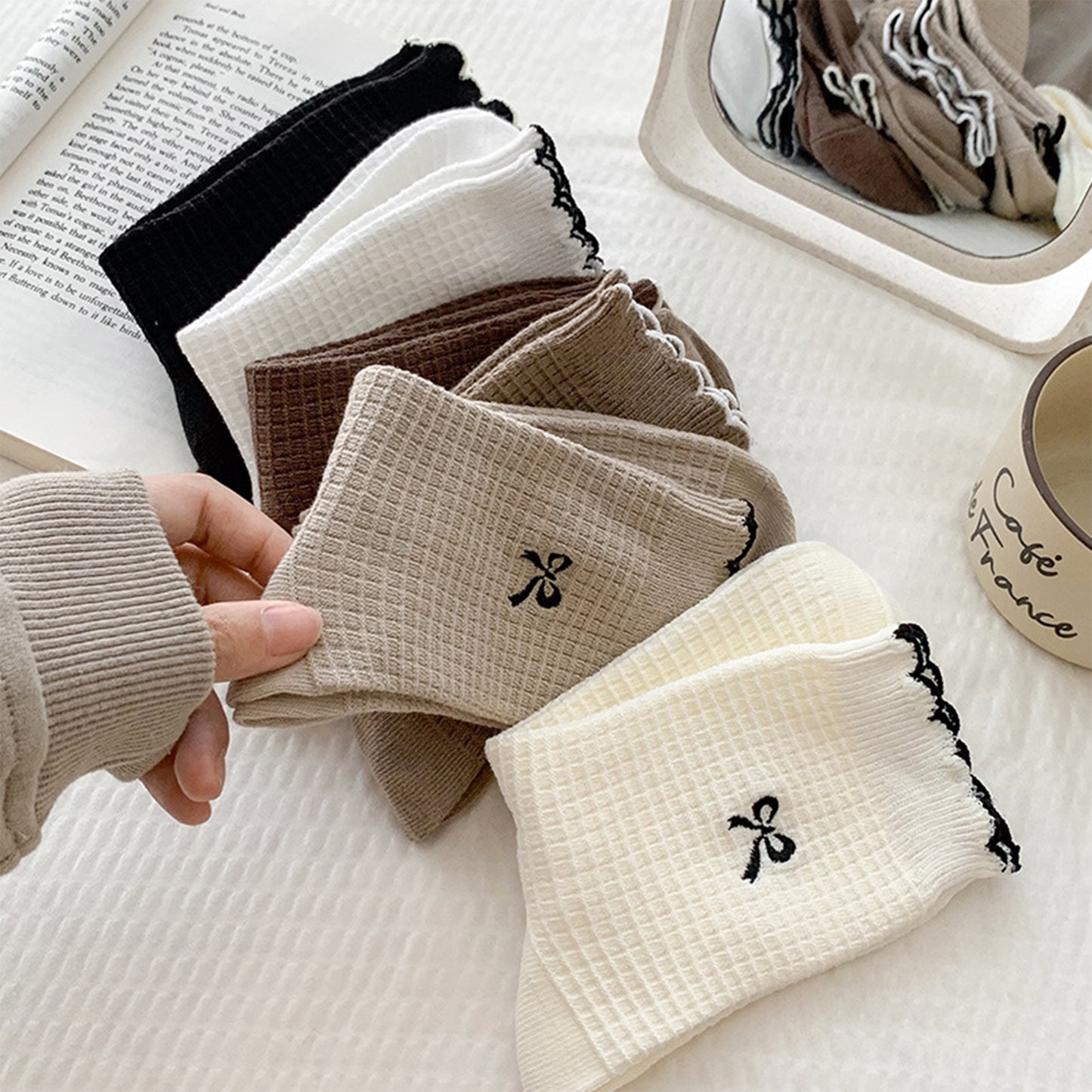 Anna-Kaci Women's 3 Pairs Knit Socks with Waffle Texture Bow Embroidery Ruffled Edge Ribbed Cuffs
