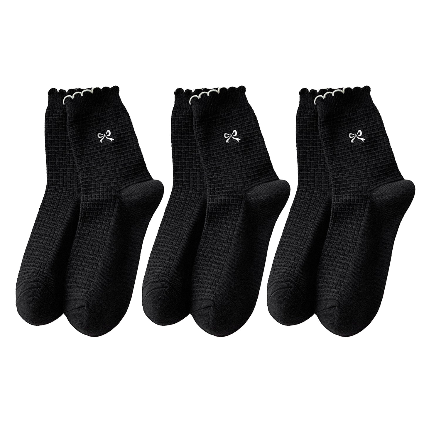 Anna-Kaci Women's 3 Pairs Knit Socks with Waffle Texture Bow Embroidery Ruffled Edge Ribbed Cuffs