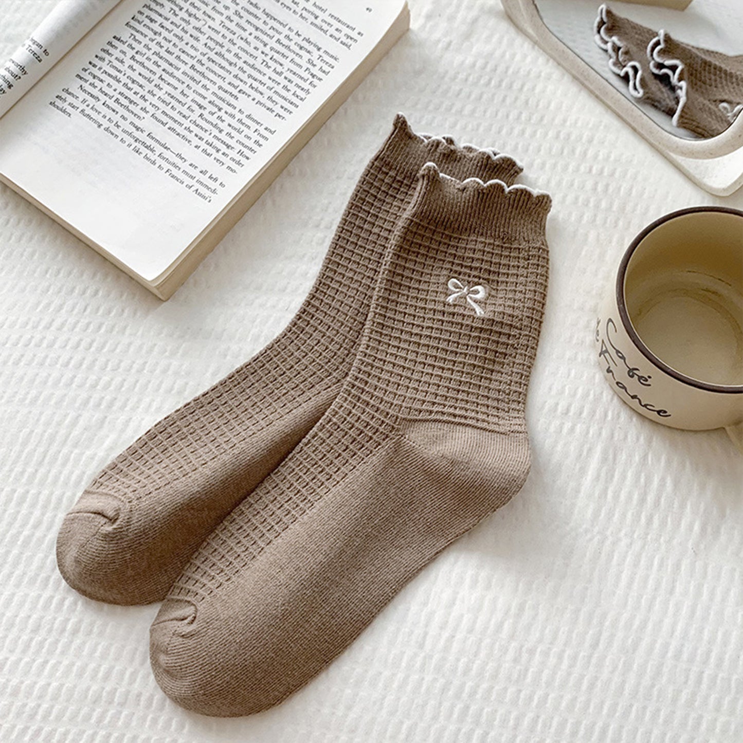 Anna-Kaci Women's 3 Pairs Knit Socks with Waffle Texture Bow Embroidery Ruffled Edge Ribbed Cuffs