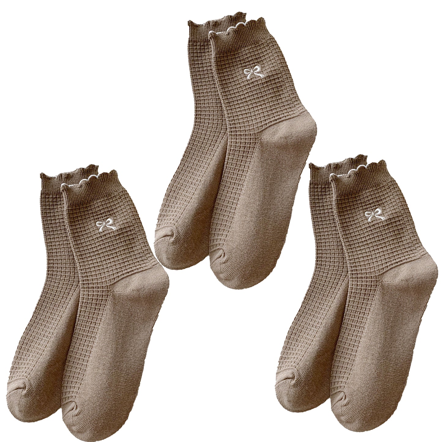 Anna-Kaci Women's 3 Pairs Knit Socks with Waffle Texture Bow Embroidery Ruffled Edge Ribbed Cuffs