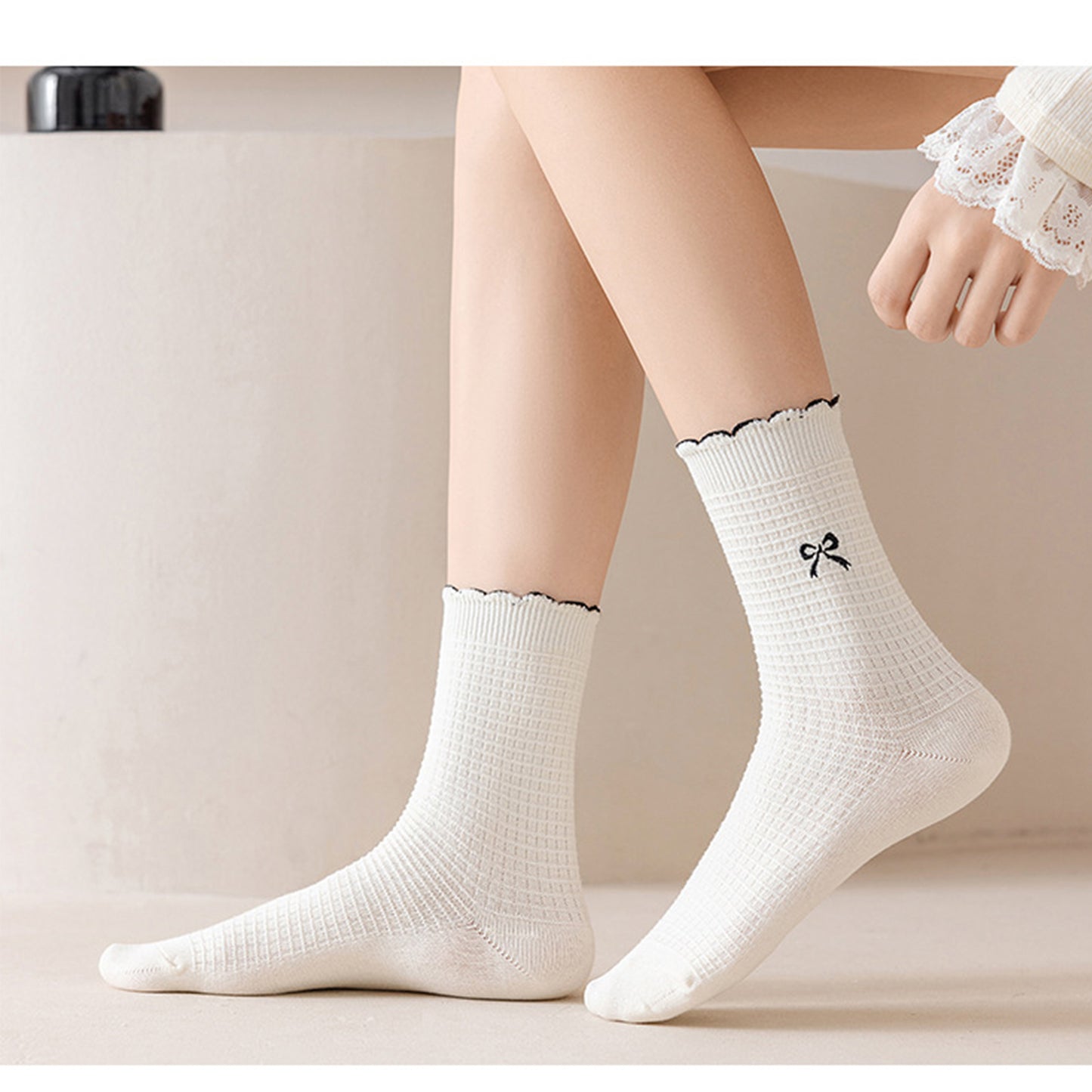 Anna-Kaci Women's 3 Pairs Knit Socks with Waffle Texture Bow Embroidery Ruffled Edge Ribbed Cuffs