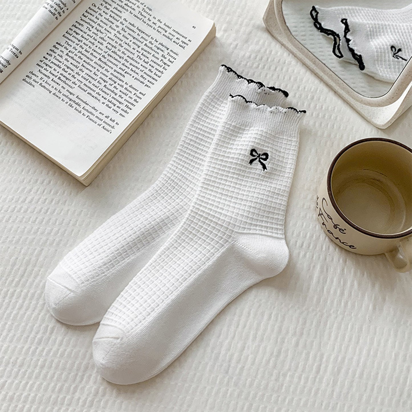 Anna-Kaci Women's 3 Pairs Knit Socks with Waffle Texture Bow Embroidery Ruffled Edge Ribbed Cuffs