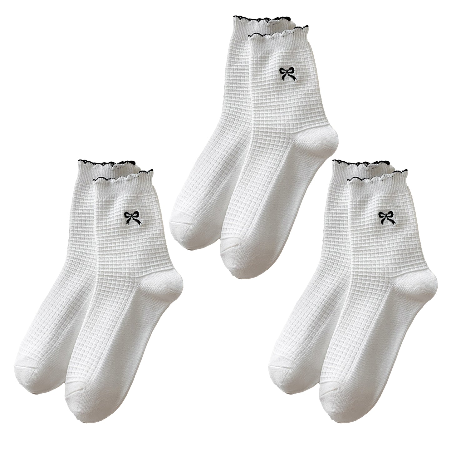 Anna-Kaci Women's 3 Pairs Knit Socks with Waffle Texture Bow Embroidery Ruffled Edge Ribbed Cuffs