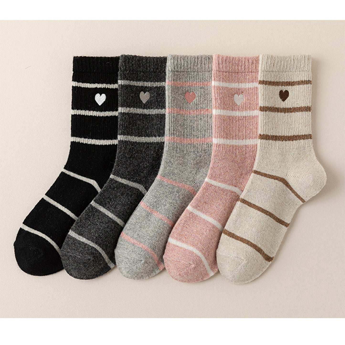 Anna-Kaci Women's 3 Pairs Knit Socks with Striped Pattern Heart Embroidery Ribbed Cuffs Soft Warm Fabric