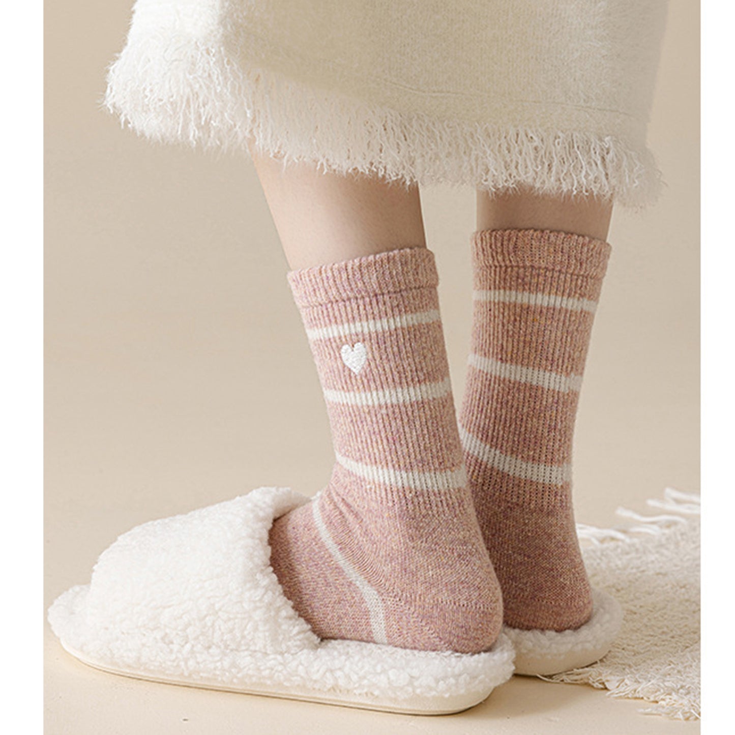 Anna-Kaci Women's 3 Pairs Knit Socks with Striped Pattern Heart Embroidery Ribbed Cuffs Soft Warm Fabric
