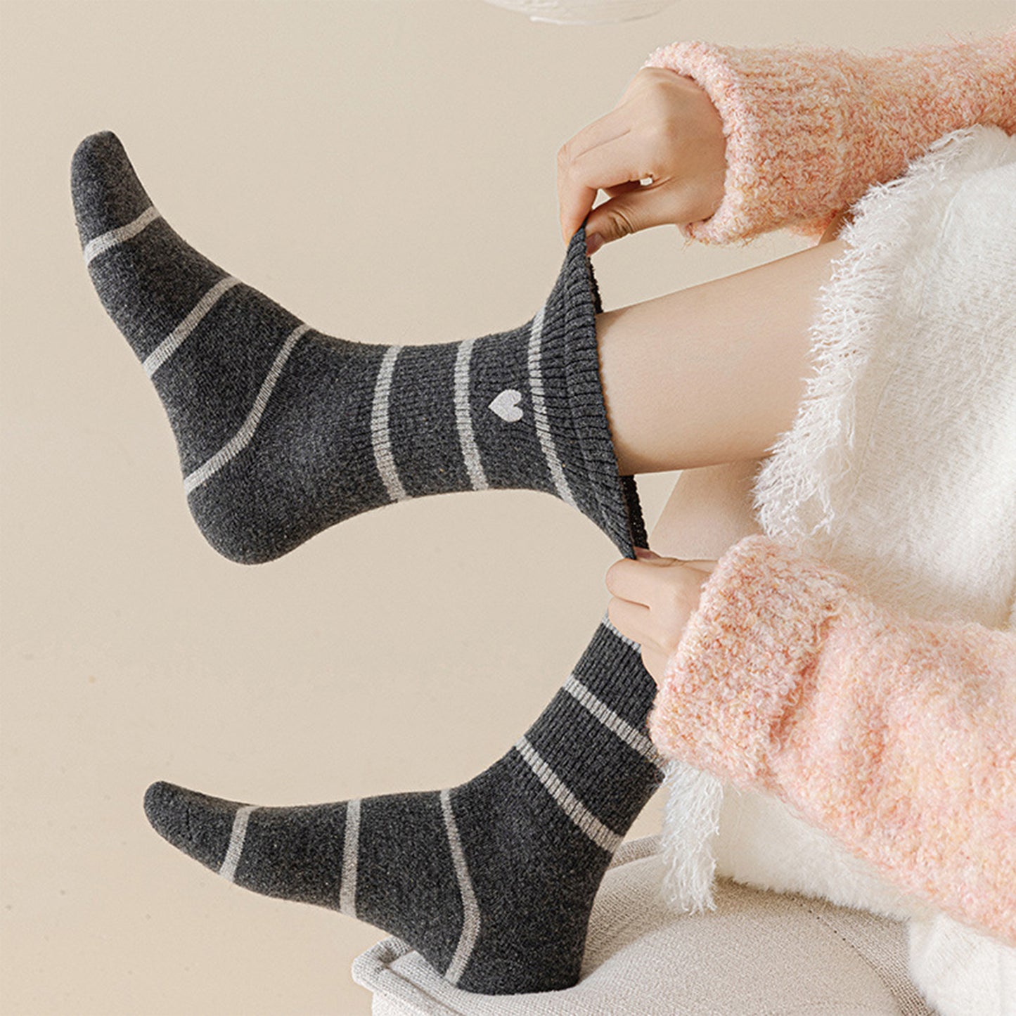 Anna-Kaci Women's 3 Pairs Knit Socks with Striped Pattern Heart Embroidery Ribbed Cuffs Soft Warm Fabric