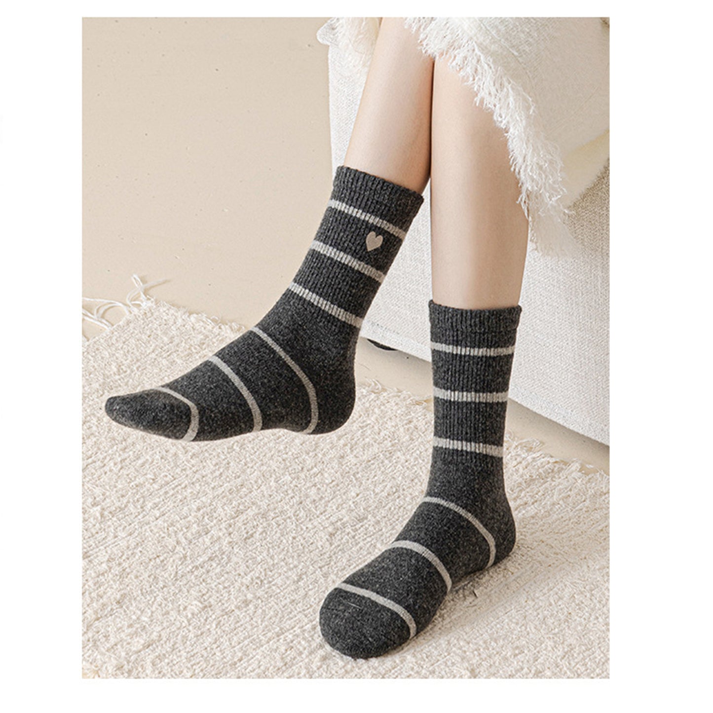 Anna-Kaci Women's 3 Pairs Knit Socks with Striped Pattern Heart Embroidery Ribbed Cuffs Soft Warm Fabric