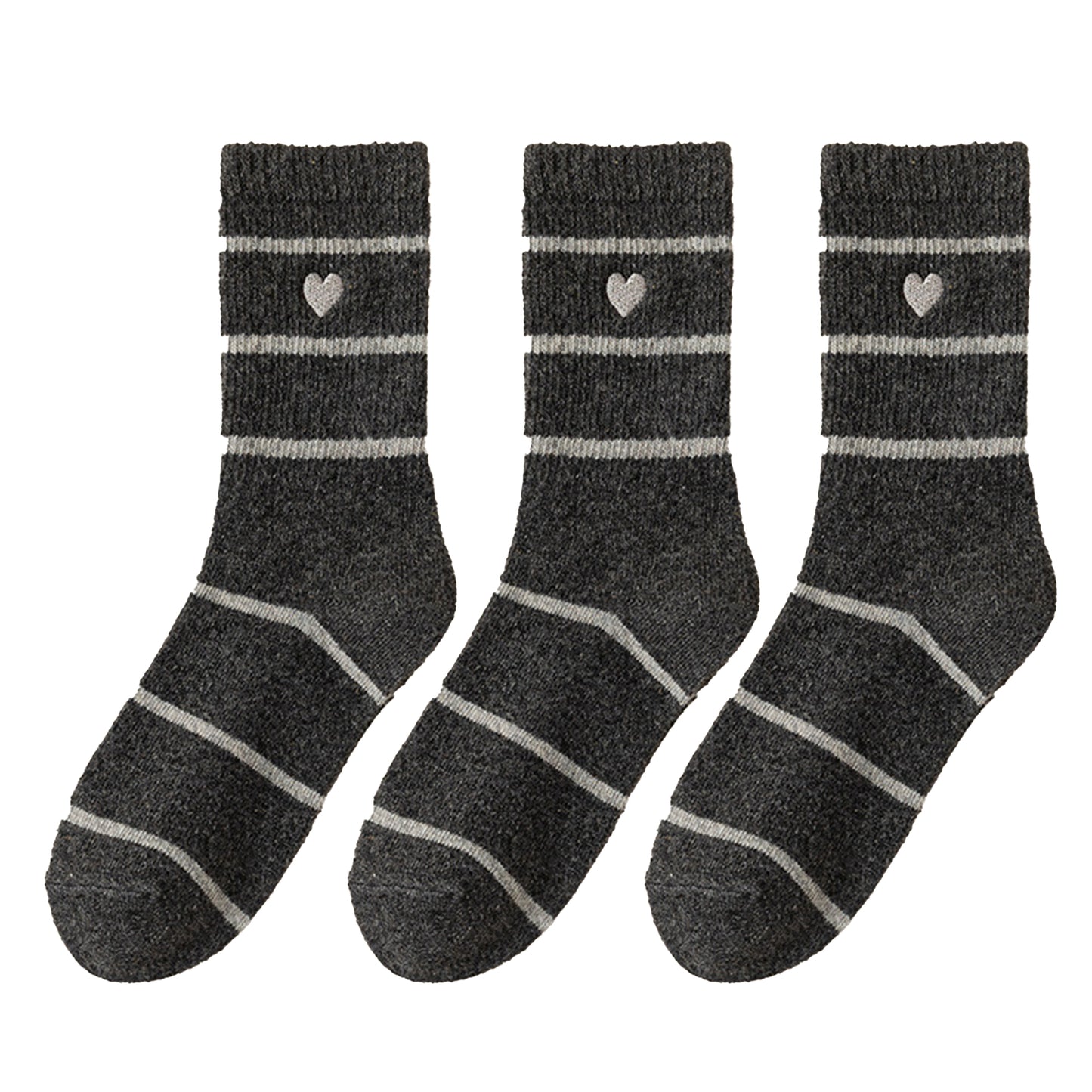 Anna-Kaci Women's 3 Pairs Knit Socks with Striped Pattern Heart Embroidery Ribbed Cuffs Soft Warm Fabric