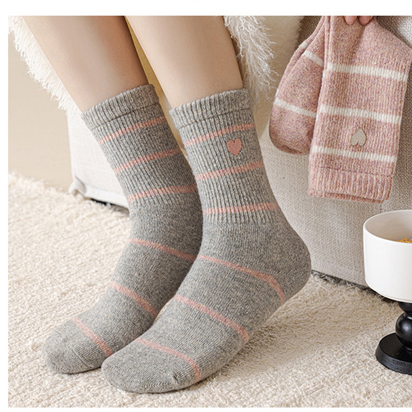 Anna-Kaci Women's 3 Pairs Knit Socks with Striped Pattern Heart Embroidery Ribbed Cuffs Soft Warm Fabric
