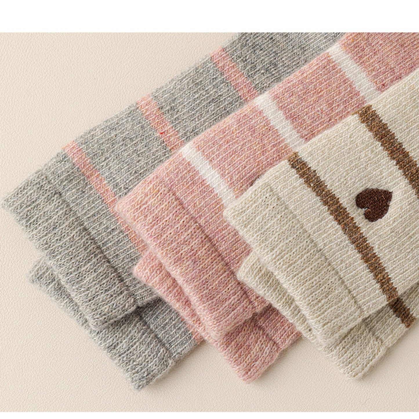 Anna-Kaci Women's 3 Pairs Knit Socks with Striped Pattern Heart Embroidery Ribbed Cuffs Soft Warm Fabric