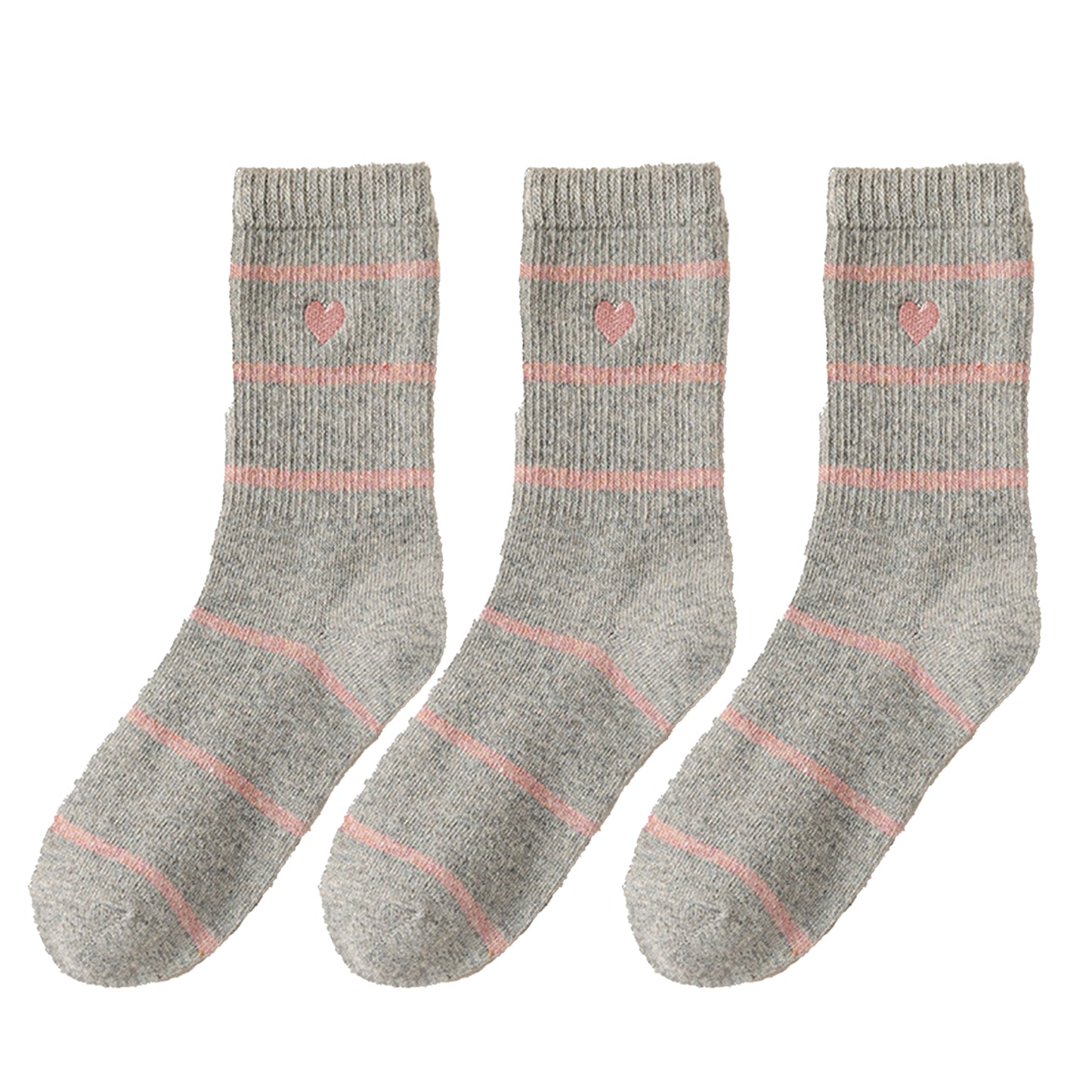 Anna-Kaci Women's 3 Pairs Knit Socks with Striped Pattern Heart Embroidery Ribbed Cuffs Soft Warm Fabric