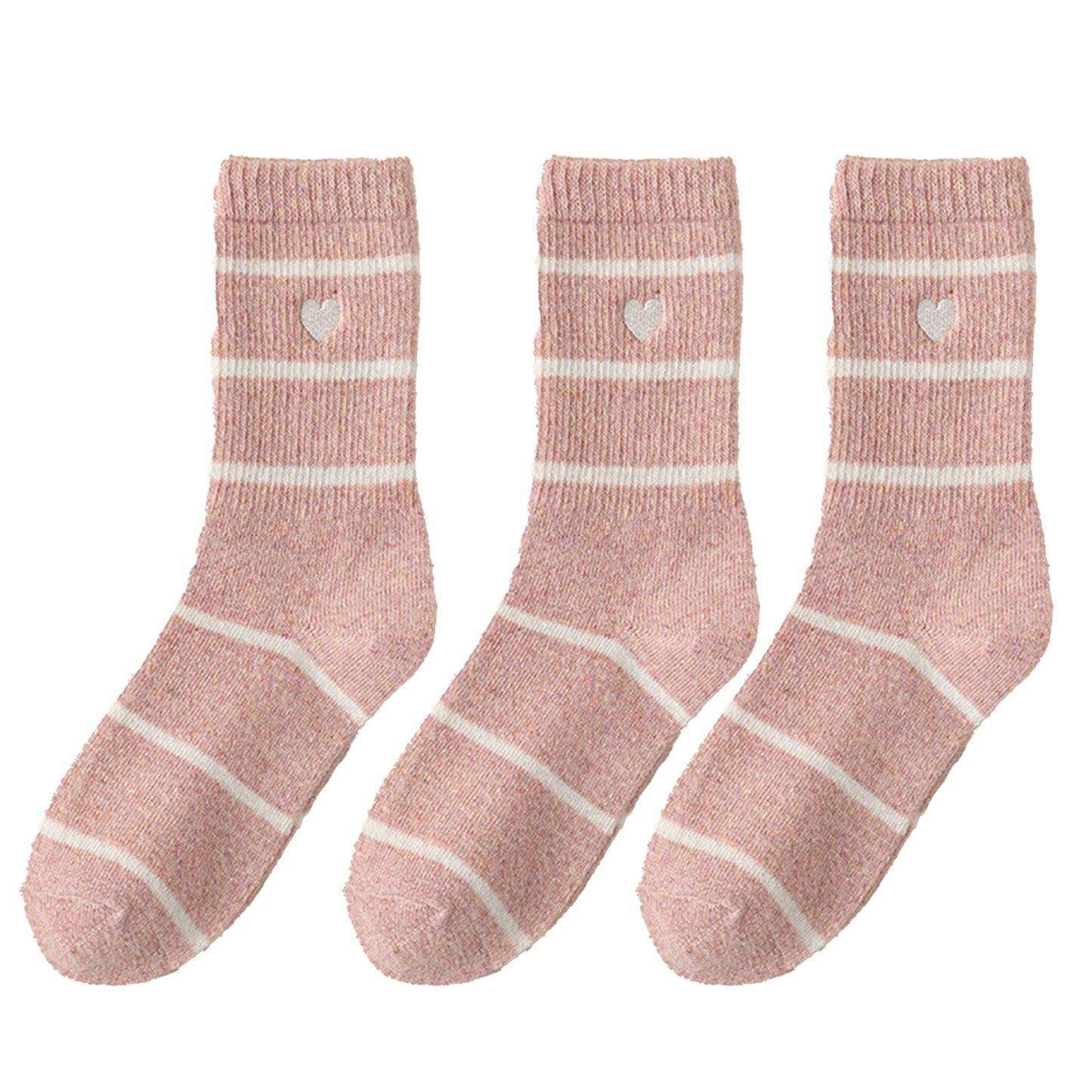 Anna-Kaci Women's 3 Pairs Knit Socks with Striped Pattern Heart Embroidery Ribbed Cuffs Soft Warm Fabric