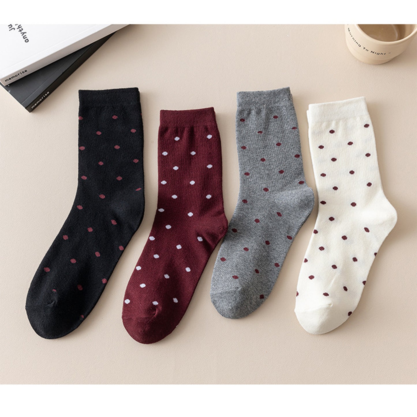 Anna-Kaci Women's 4 Pairs Knit Socks with Polka Dot Pattern Ribbed Cuffs Soft Stretch Fabric