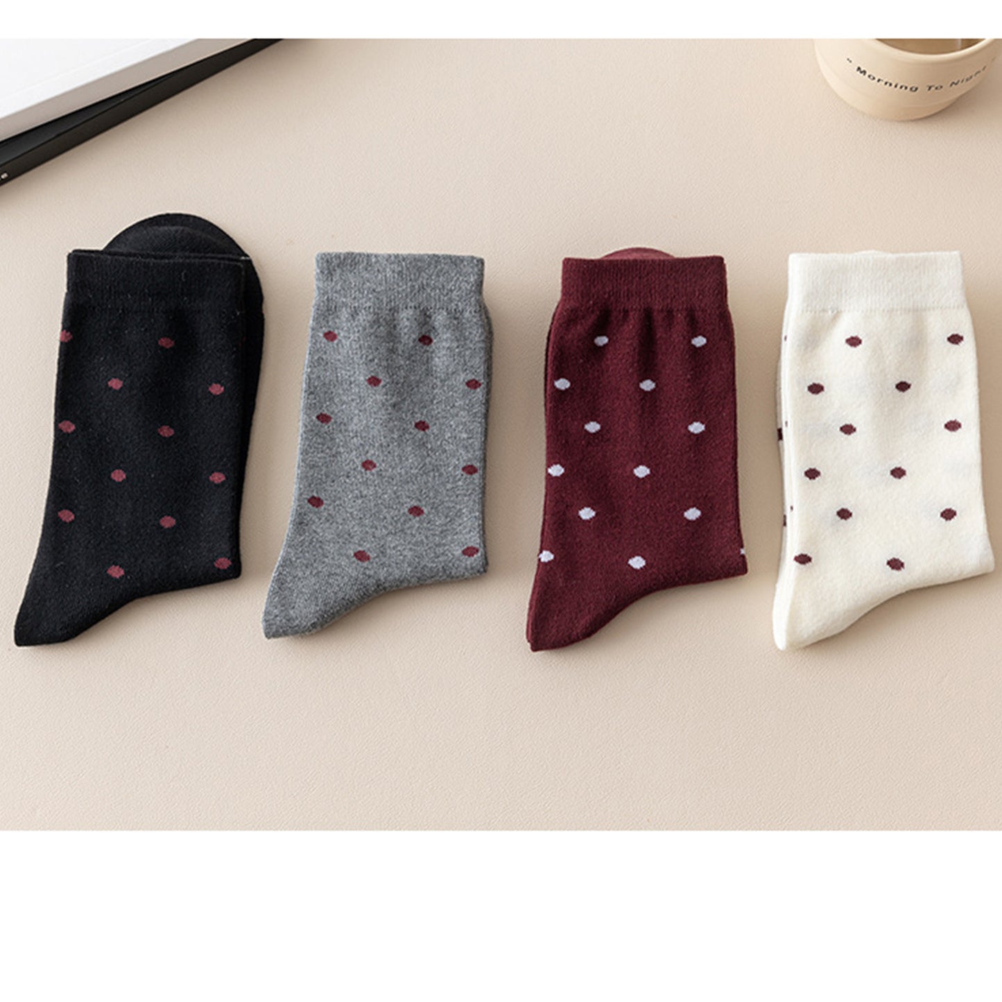 Anna-Kaci Women's 4 Pairs Knit Socks with Polka Dot Pattern Ribbed Cuffs Soft Stretch Fabric