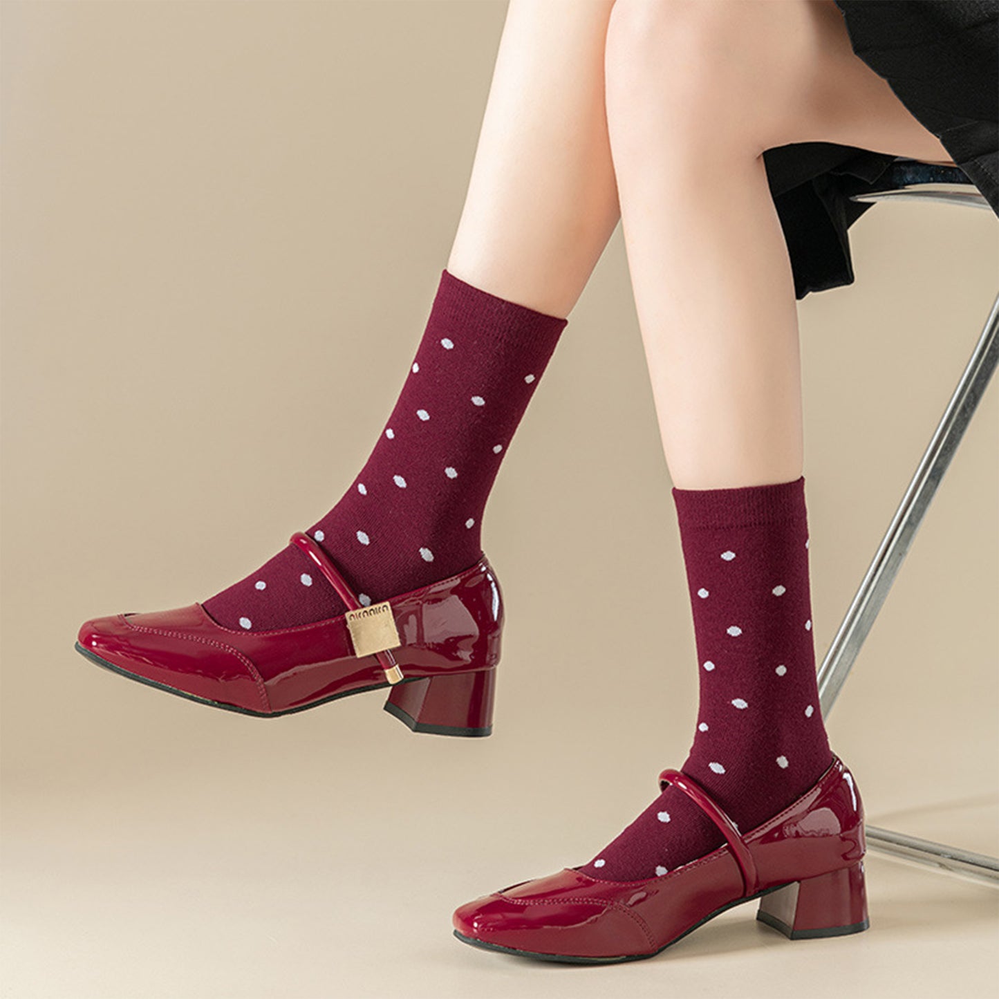 Anna-Kaci Women's 4 Pairs Knit Socks with Polka Dot Pattern Ribbed Cuffs Soft Stretch Fabric