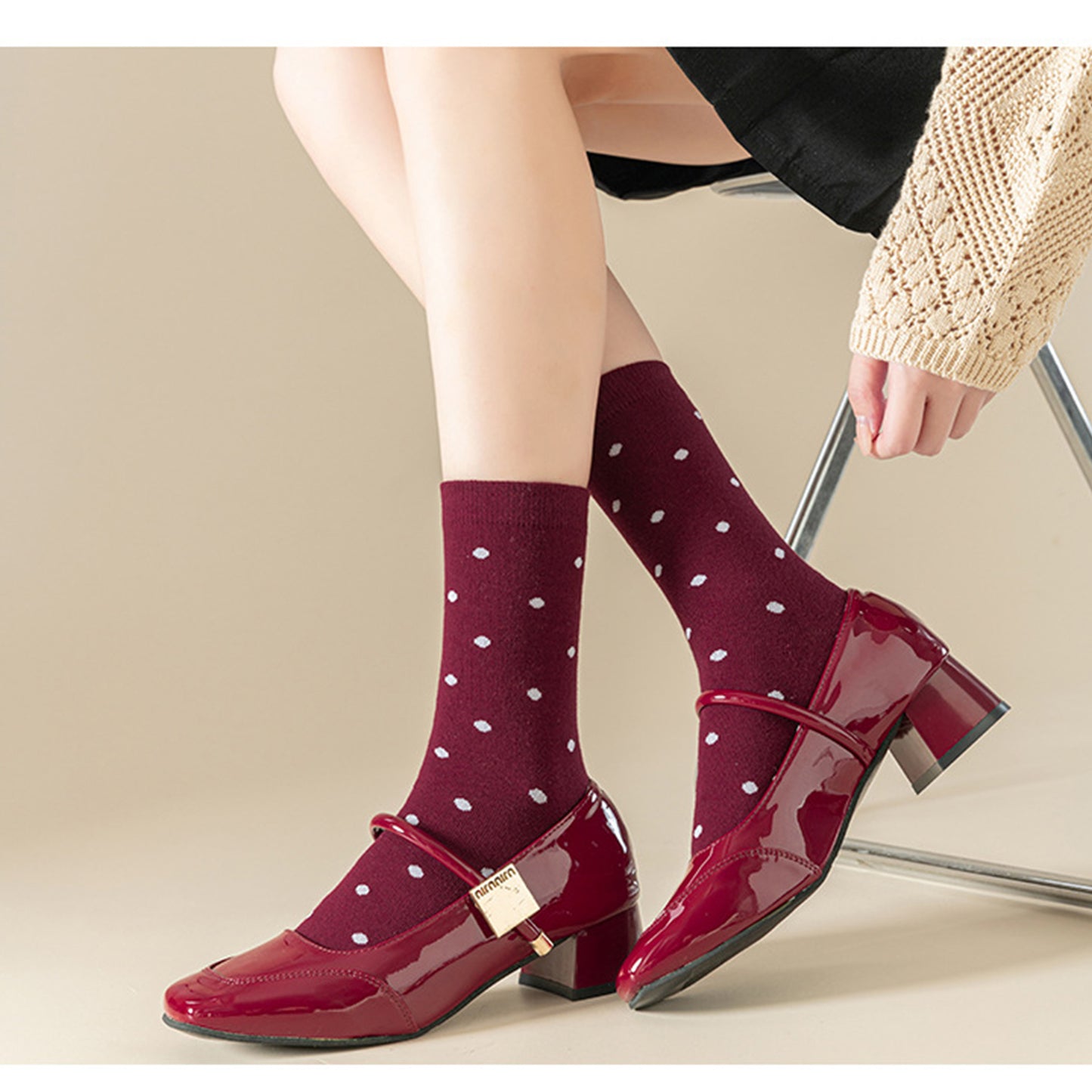 Anna-Kaci Women's 4 Pairs Knit Socks with Polka Dot Pattern Ribbed Cuffs Soft Stretch Fabric