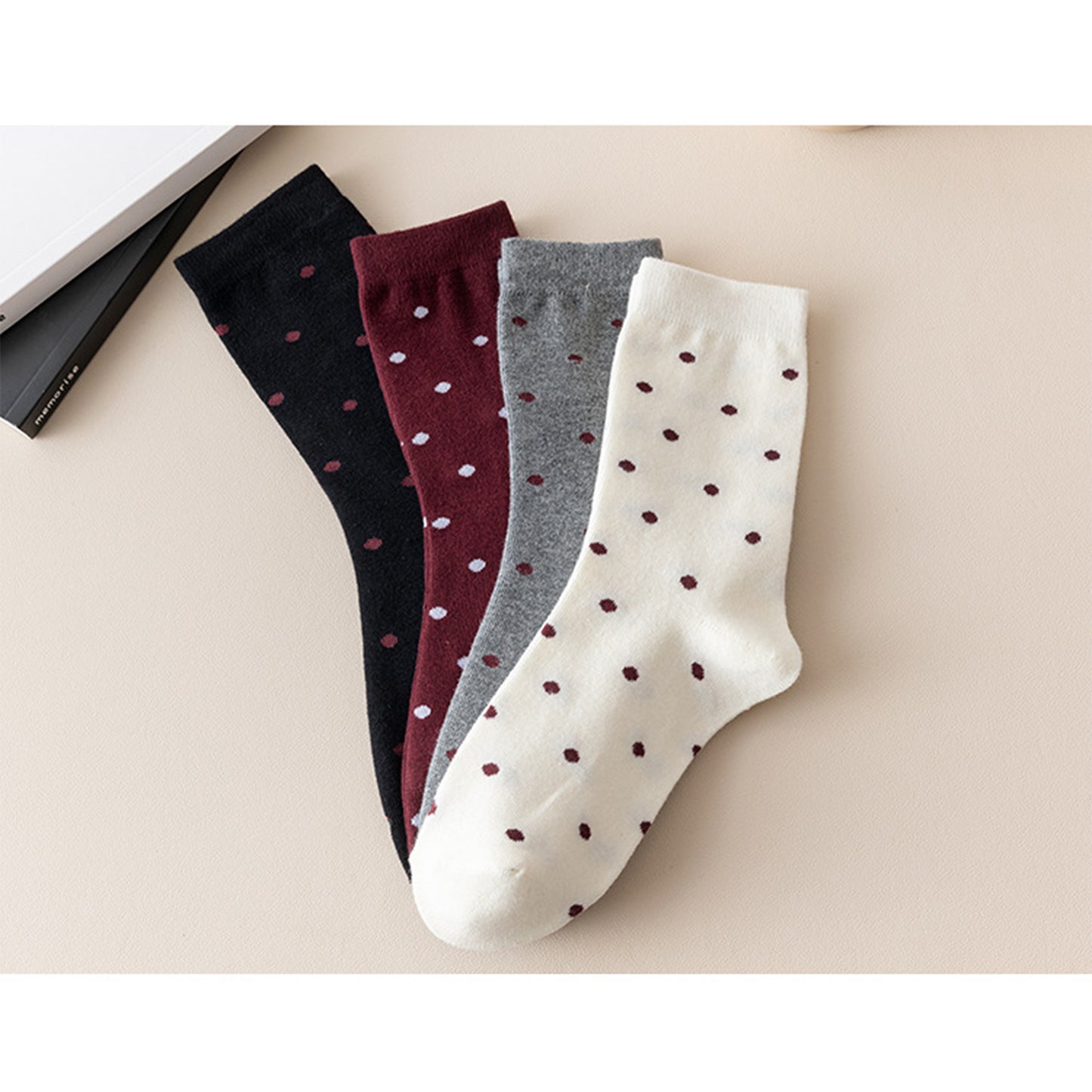Anna-Kaci Women's 4 Pairs Knit Socks with Polka Dot Pattern Ribbed Cuffs Soft Stretch Fabric