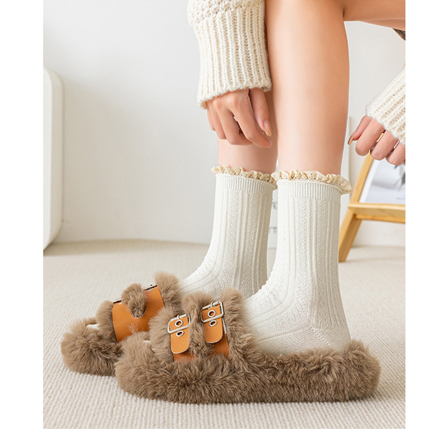 Anna-Kaci Women's 4 Pairs Knit Socks with Ribbed Texture Lace Ruffle Trim Ribbed Cuffs Soft Stretch Fabric