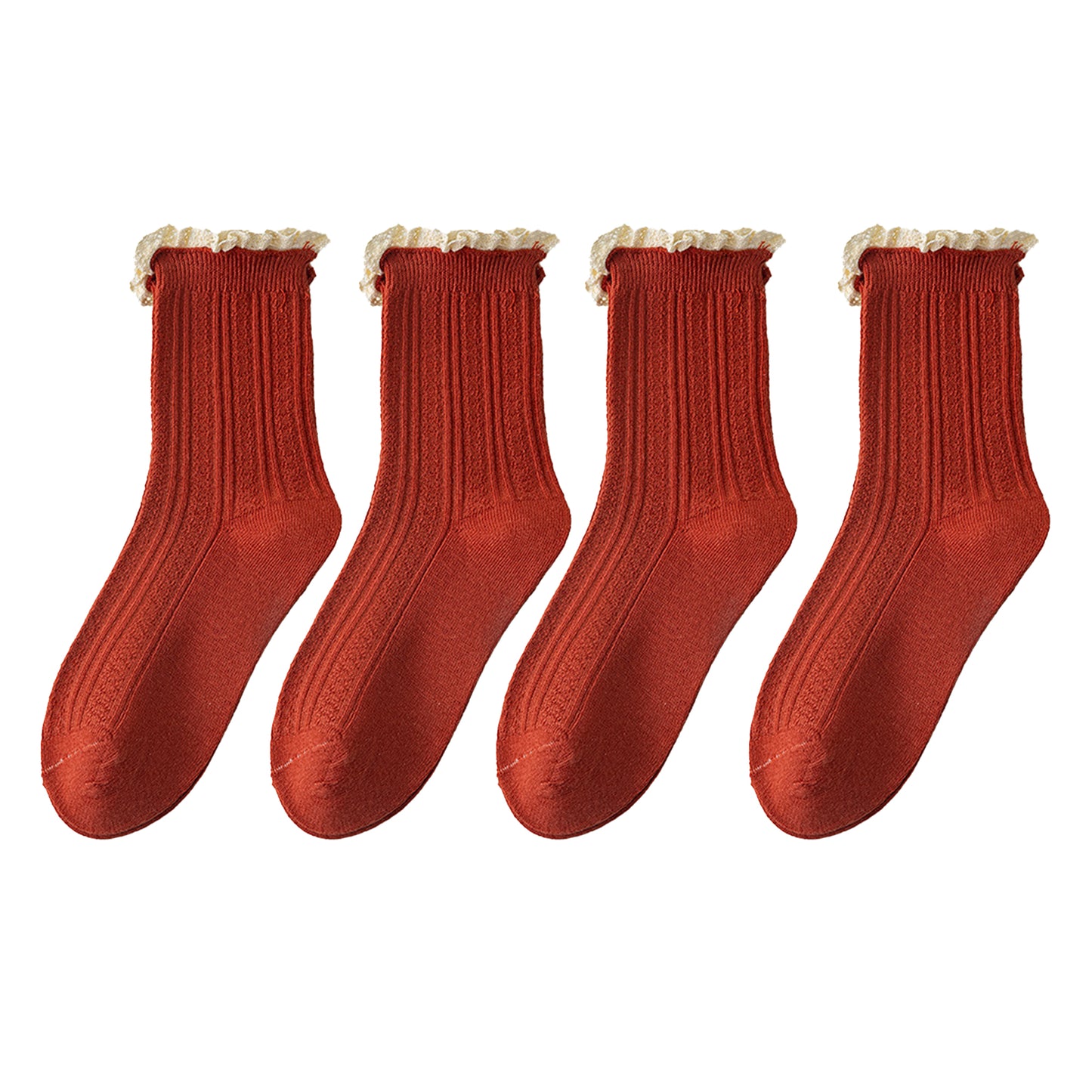 Anna-Kaci Women's 4 Pairs Knit Socks with Ribbed Texture Lace Ruffle Trim Ribbed Cuffs Soft Stretch Fabric