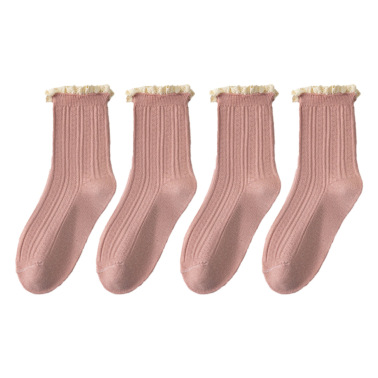 Anna-Kaci Women's 4 Pairs Knit Socks with Ribbed Texture Lace Ruffle Trim Ribbed Cuffs Soft Stretch Fabric