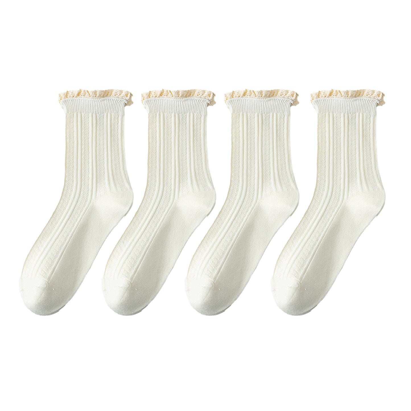 Anna-Kaci Women's 4 Pairs Knit Socks with Ribbed Texture Lace Ruffle Trim Ribbed Cuffs Soft Stretch Fabric