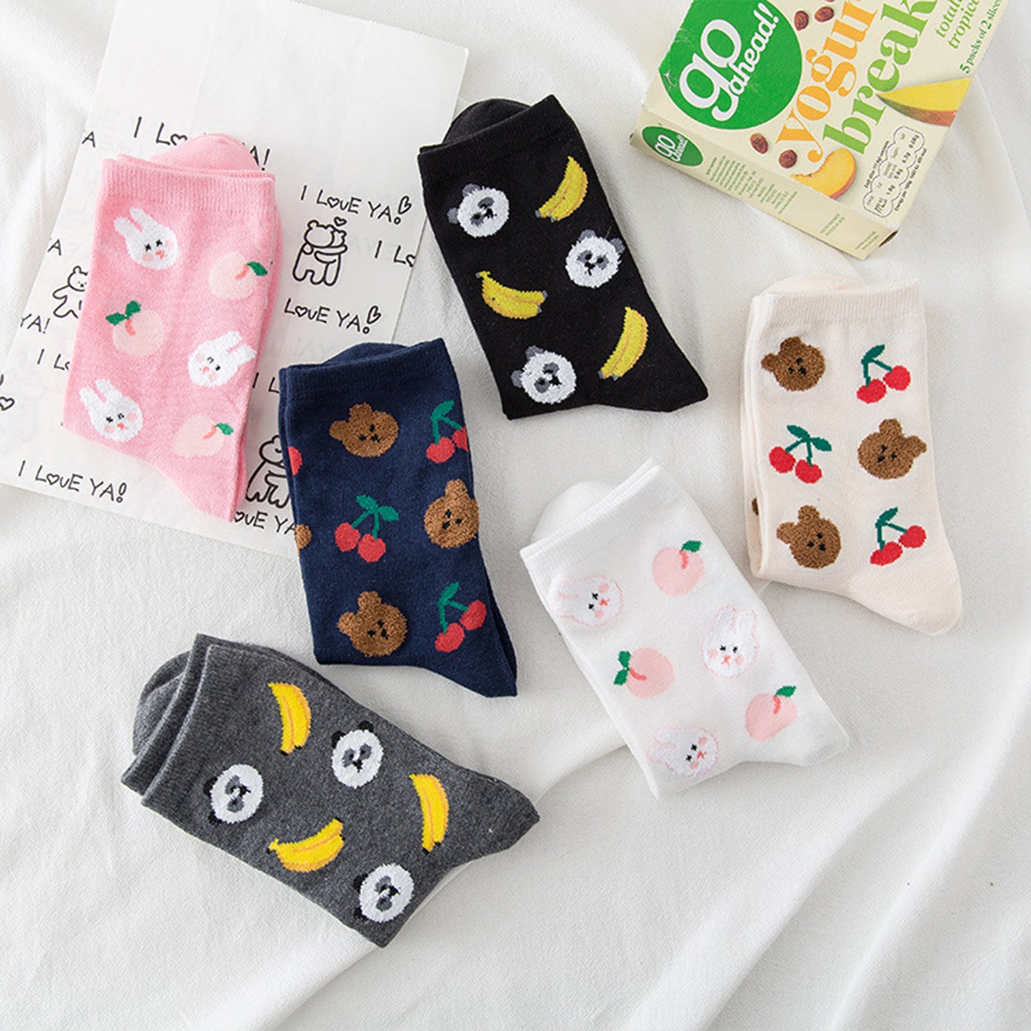 Anna-Kaci Women's 3 Pairs Knit Socks with Cute Cartoon Fruit and Animal Patterns Soft Stretch Fabric Ribbed Cuffs