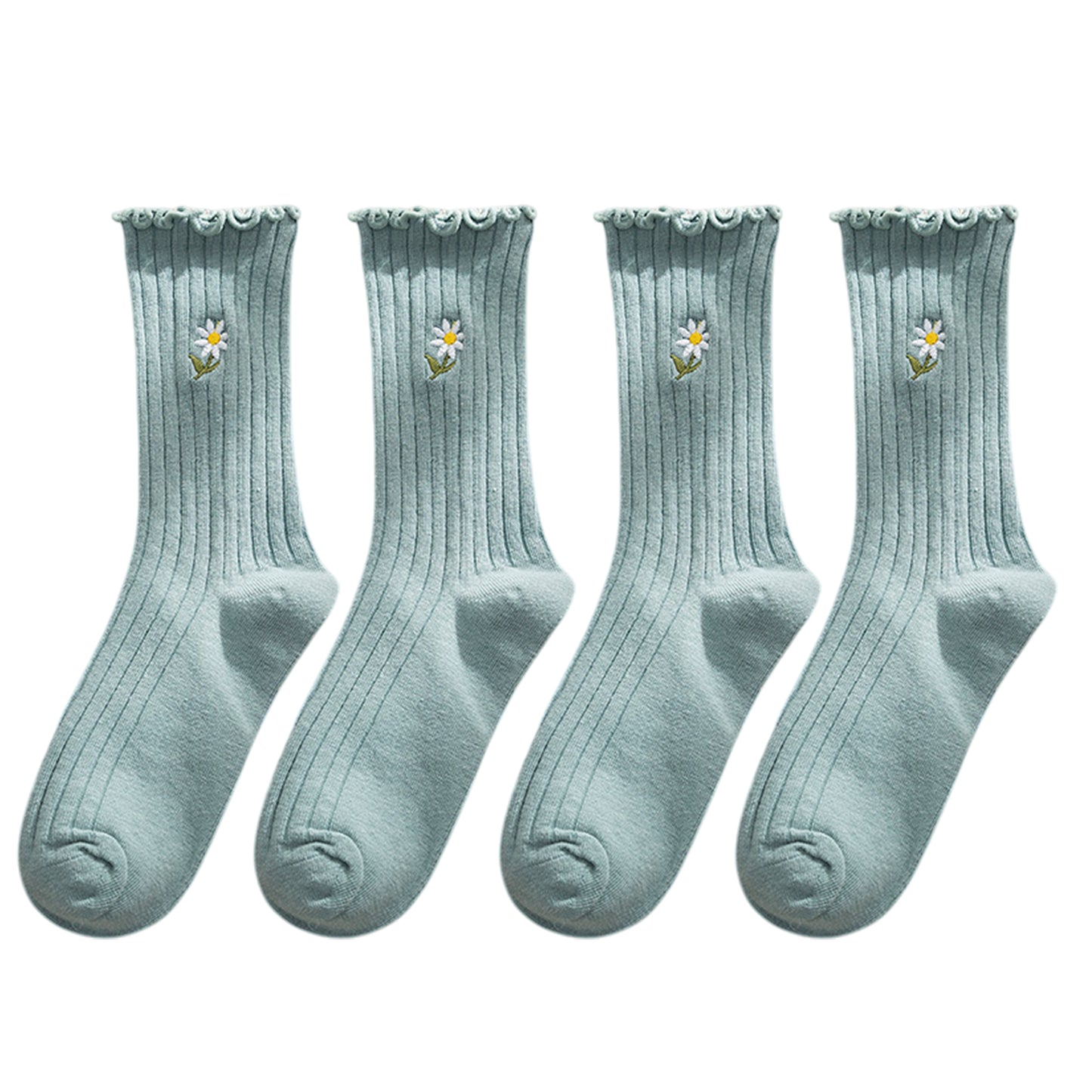 Anna-Kaci Women's 4 Pairs Ribbed Knit Socks with Daisy Embroidery Lettuce Edge Cuffs Soft Stretch Fabric
