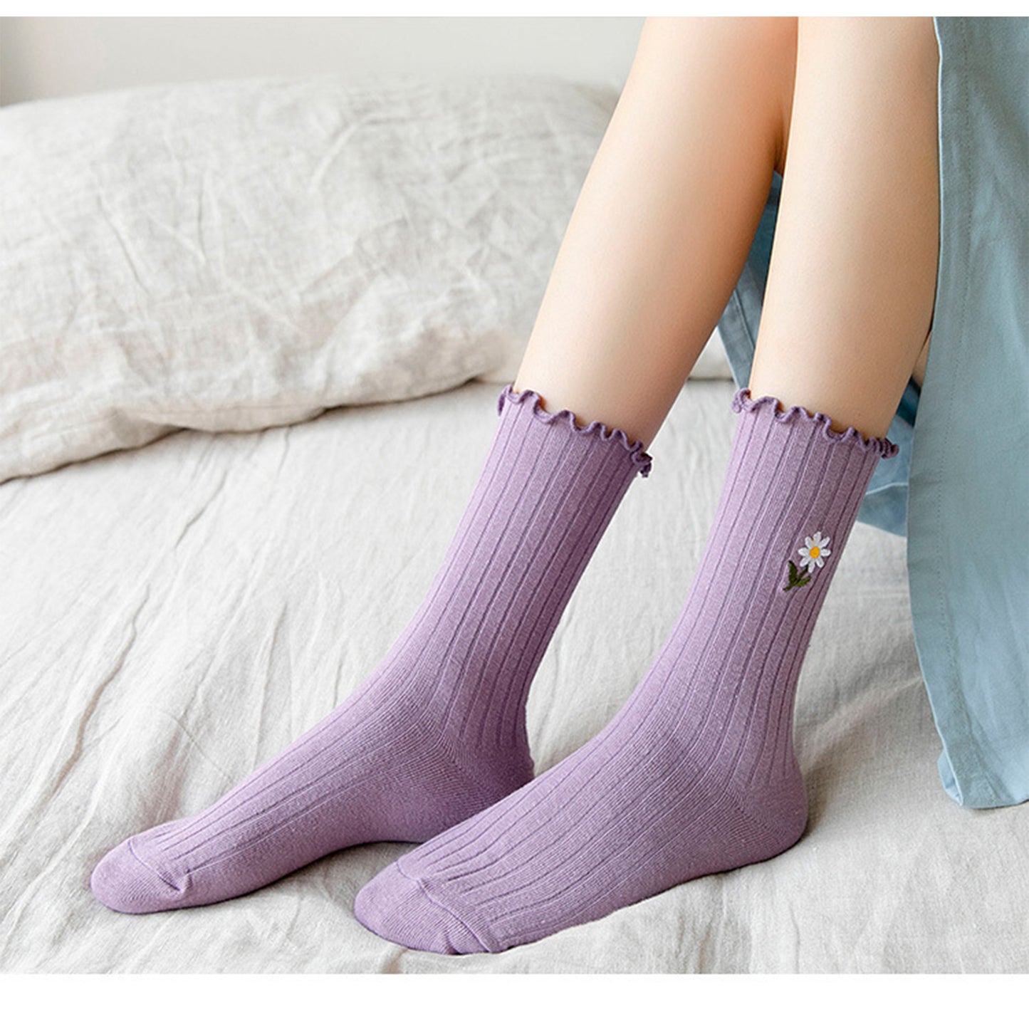 Anna-Kaci Women's 4 Pairs Ribbed Knit Socks with Daisy Embroidery Lettuce Edge Cuffs Soft Stretch Fabric