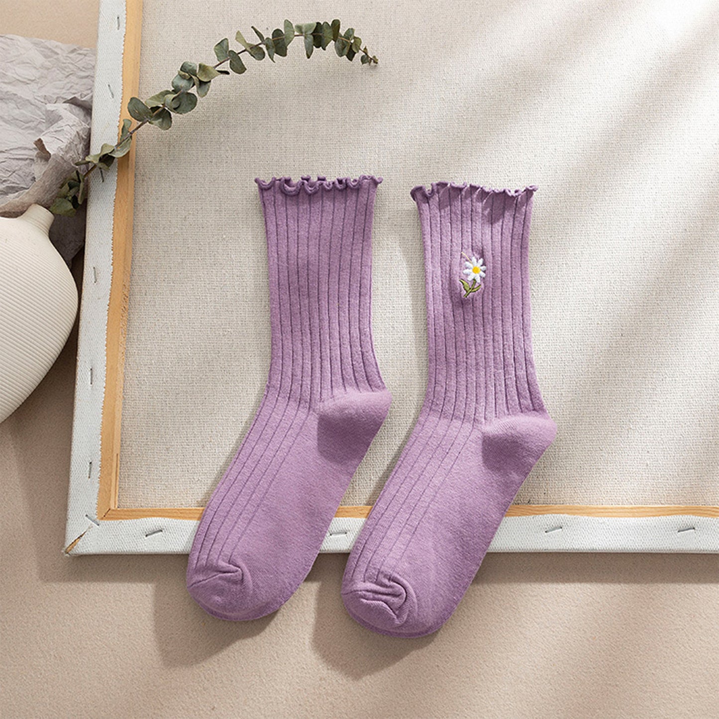 Anna-Kaci Women's 4 Pairs Ribbed Knit Socks with Daisy Embroidery Lettuce Edge Cuffs Soft Stretch Fabric