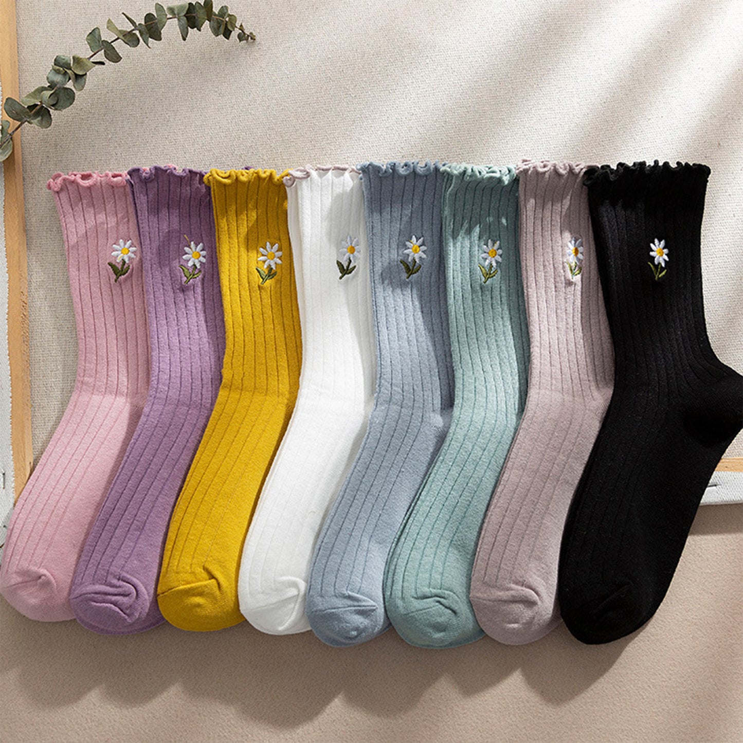 Anna-Kaci Women's 4 Pairs Ribbed Knit Socks with Daisy Embroidery Lettuce Edge Cuffs Soft Stretch Fabric