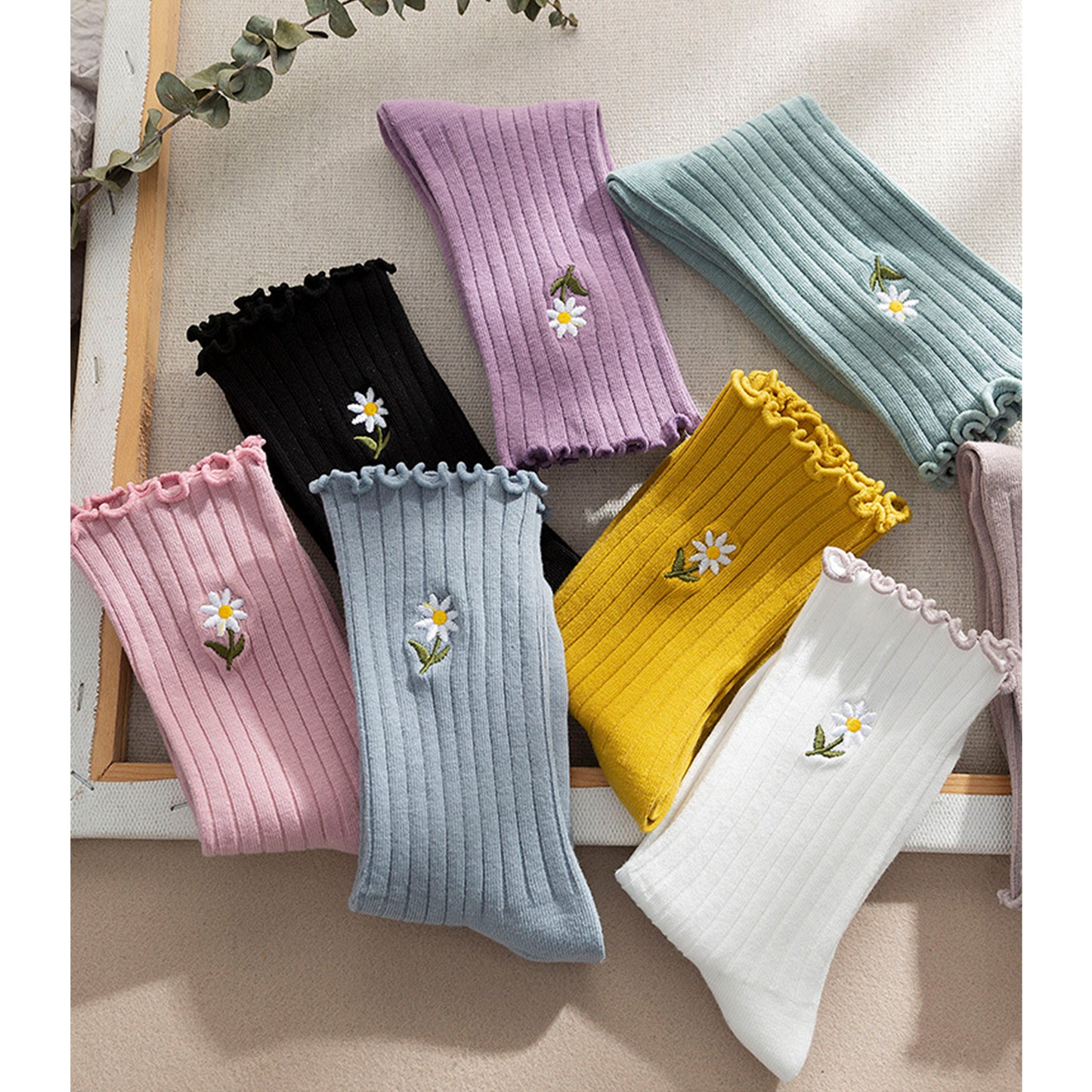 Anna-Kaci Women's 4 Pairs Ribbed Knit Socks with Daisy Embroidery Lettuce Edge Cuffs Soft Stretch Fabric