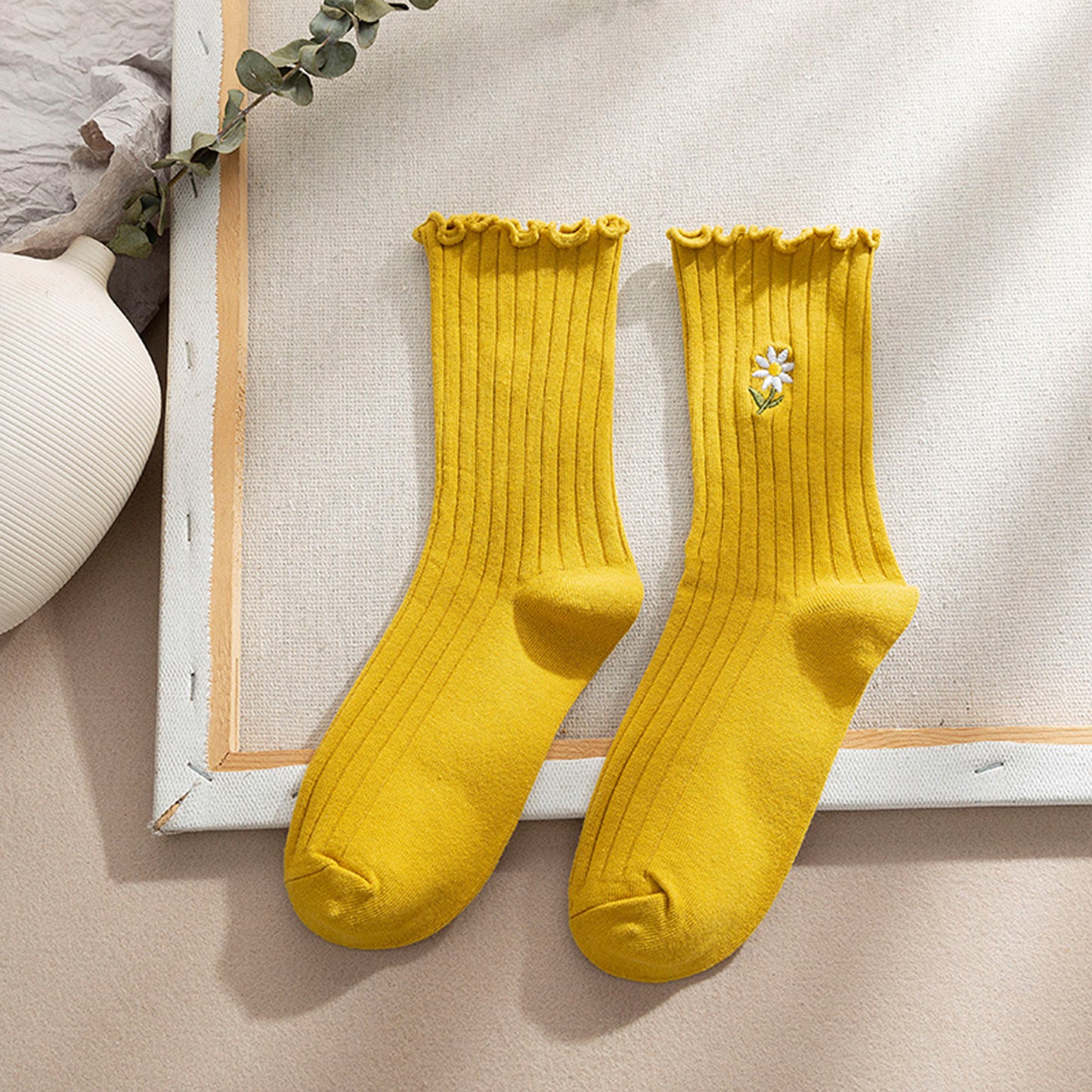 Anna-Kaci Women's 4 Pairs Ribbed Knit Socks with Daisy Embroidery Lettuce Edge Cuffs Soft Stretch Fabric