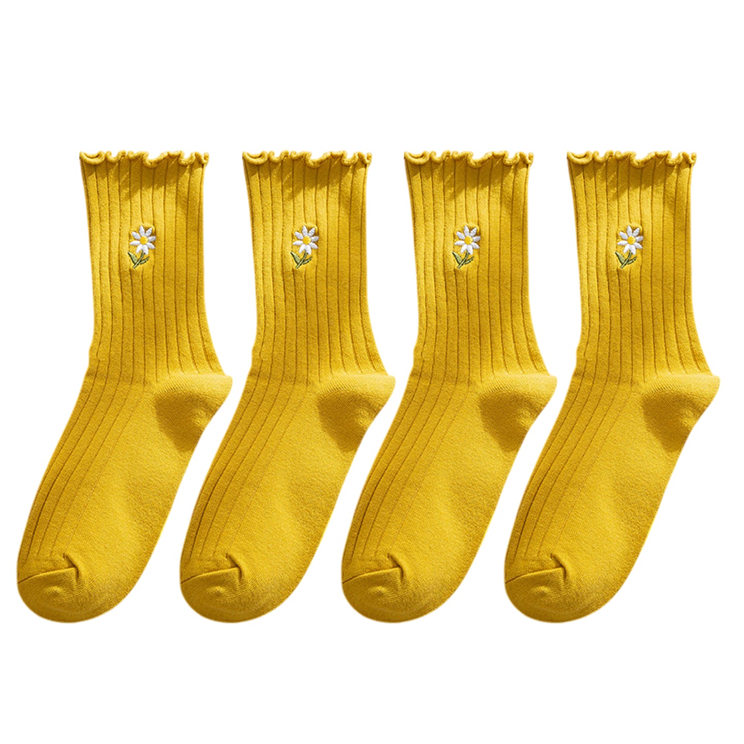 Anna-Kaci Women's 4 Pairs Ribbed Knit Socks with Daisy Embroidery Lettuce Edge Cuffs Soft Stretch Fabric