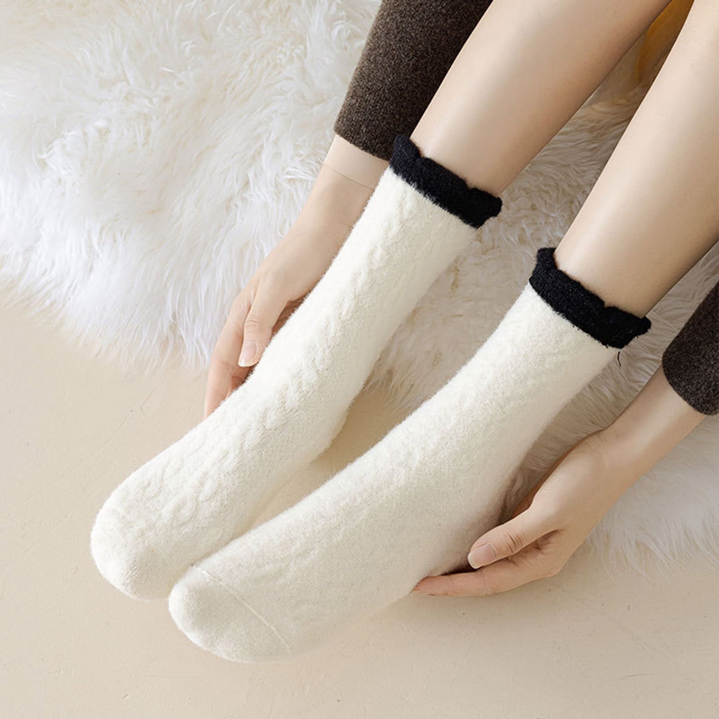 Anna-Kaci Women's 3 - Pack Cable Knit Crew Socks with Soft Textured Fabric and Contrast Cuff Detail