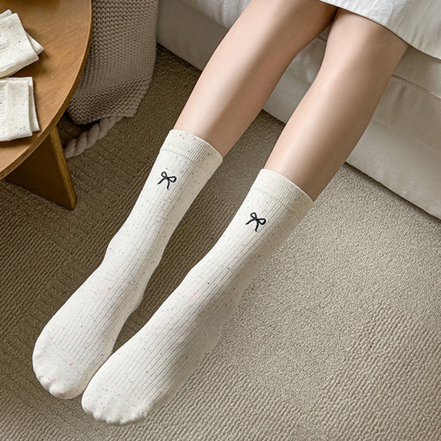 Anna-Kaci Women's 3 - Pack Crew Socks with Embroidered Bow Detail and Soft Ribbed Knit Fabric
