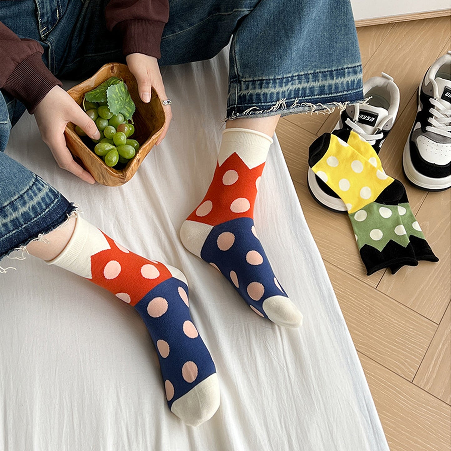 Anna-Kaci 6pk Women's Color - Blocked Polka Dot Cotton Ankle Socks - Trendy Ins - Style Socks