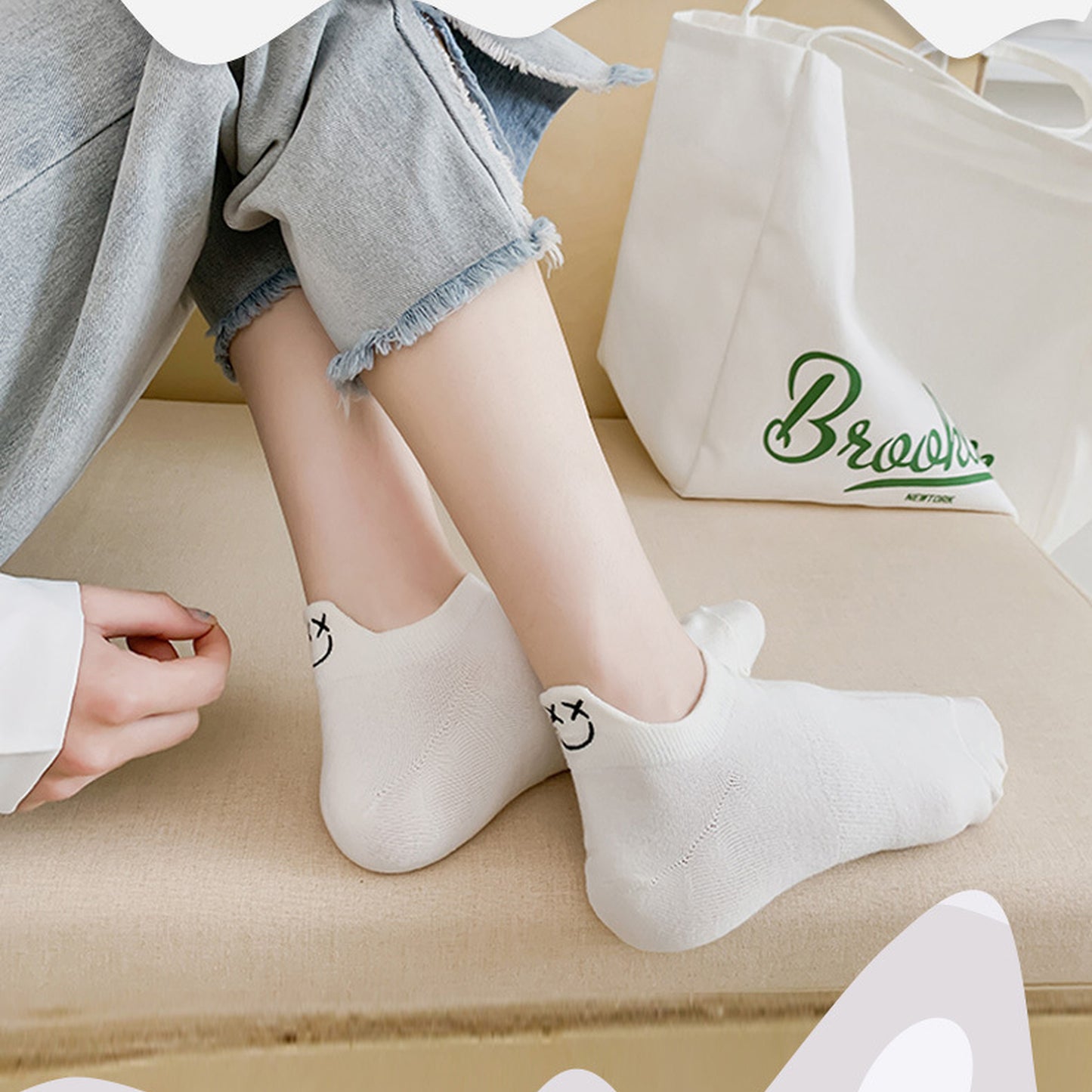 Anna-Kaci Women's 6pk Cotton White No - Show Socks with Smiley Face Embroidery
