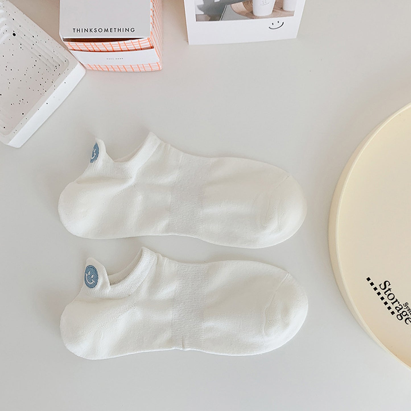 Anna-Kaci Women's 6pk Cotton White No - Show Socks with Smiley Face Embroidery
