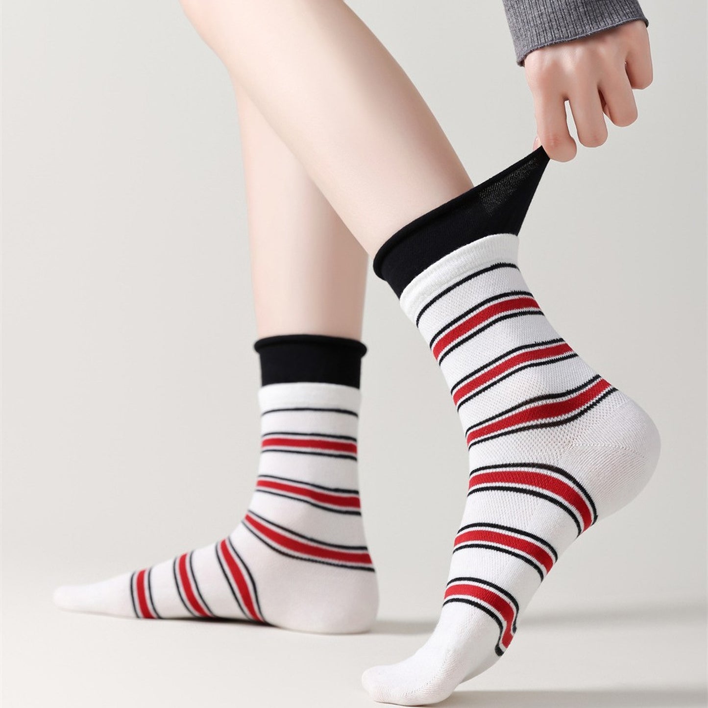 Anna-Kaci Women's 6pk Striped Ankle Socks with Cuffed Design