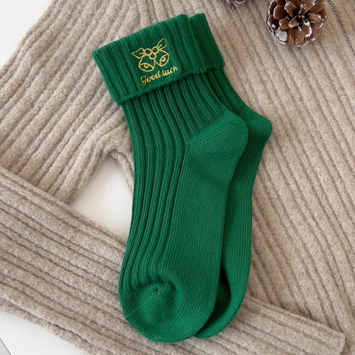 Anna-Kaci Women's 2-Pair Pack Fall Winter Warm Cotton Socks with Cute Christmas Embroidery
