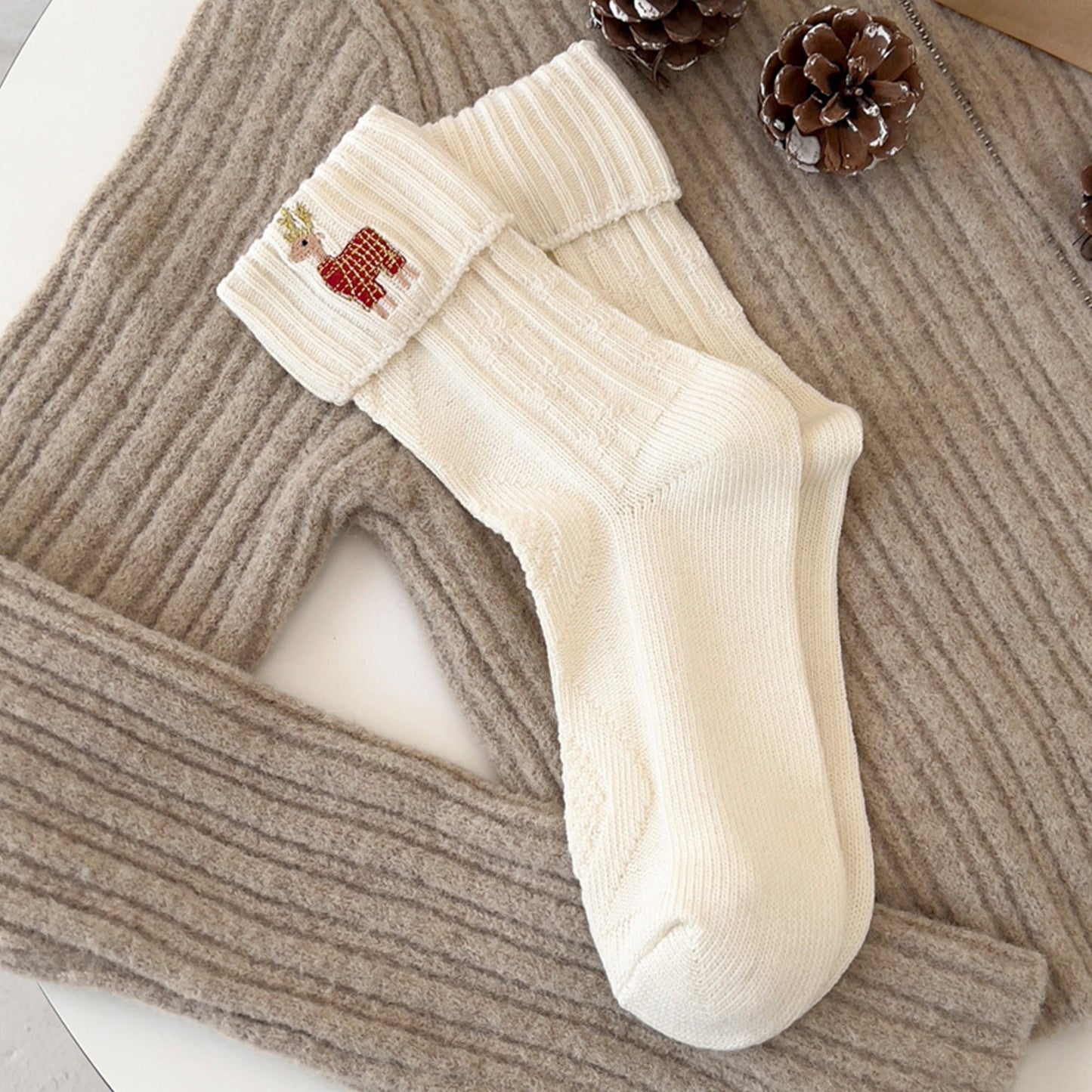 Anna-Kaci Women's 2-Pair Pack Fall Winter Warm Cotton Socks with Cute Christmas Embroidery