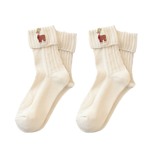 Anna-Kaci Women's 2-Pair Pack Fall Winter Warm Cotton Socks with Cute Christmas Embroidery