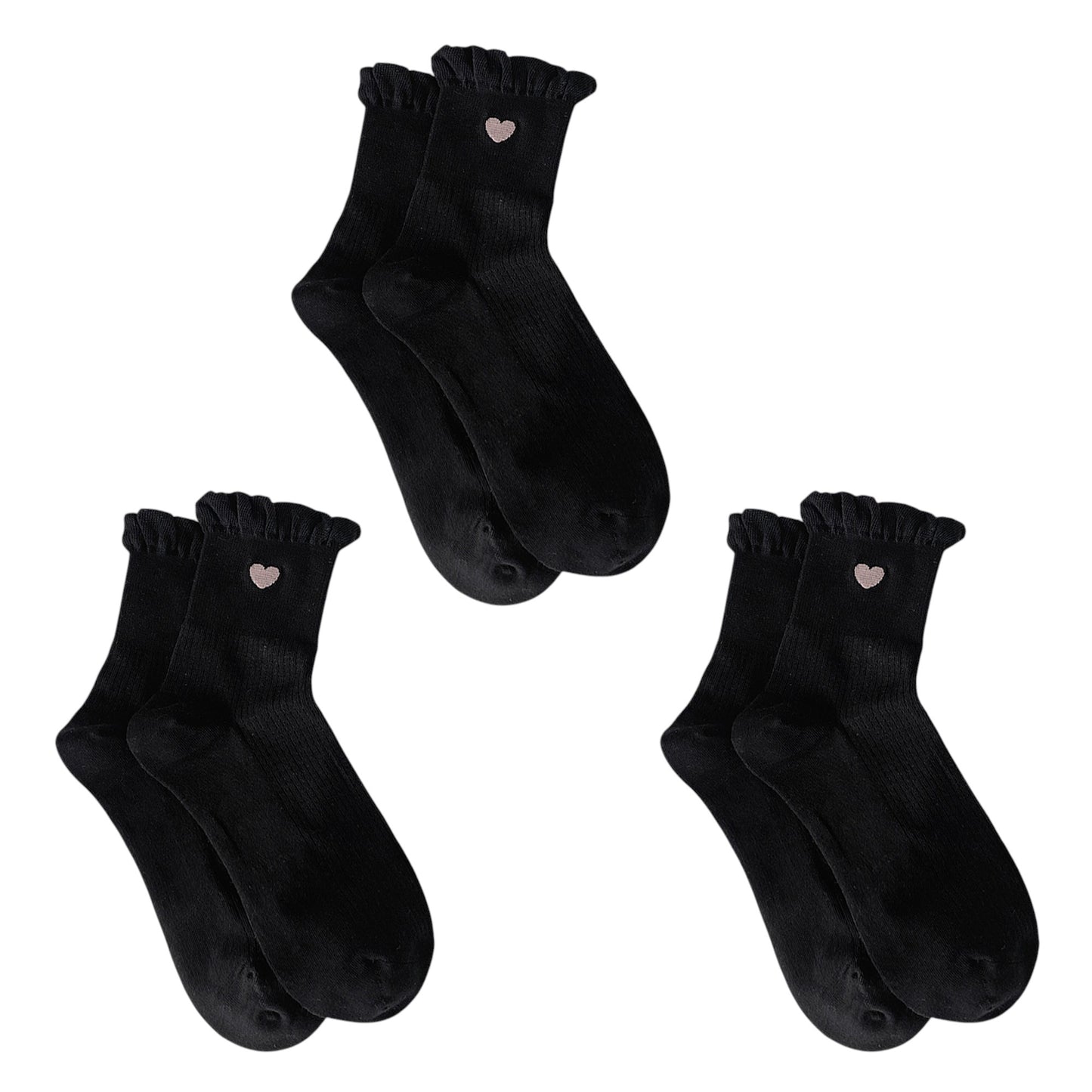 Anna-Kaci Women's 3-Pack Breathable Cotton Blend Socks with Ruffle Trim and Heart Embroidery