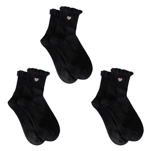 Anna-Kaci Women's 3-Pack Breathable Cotton Blend Socks with Ruffle Trim and Heart Embroidery
