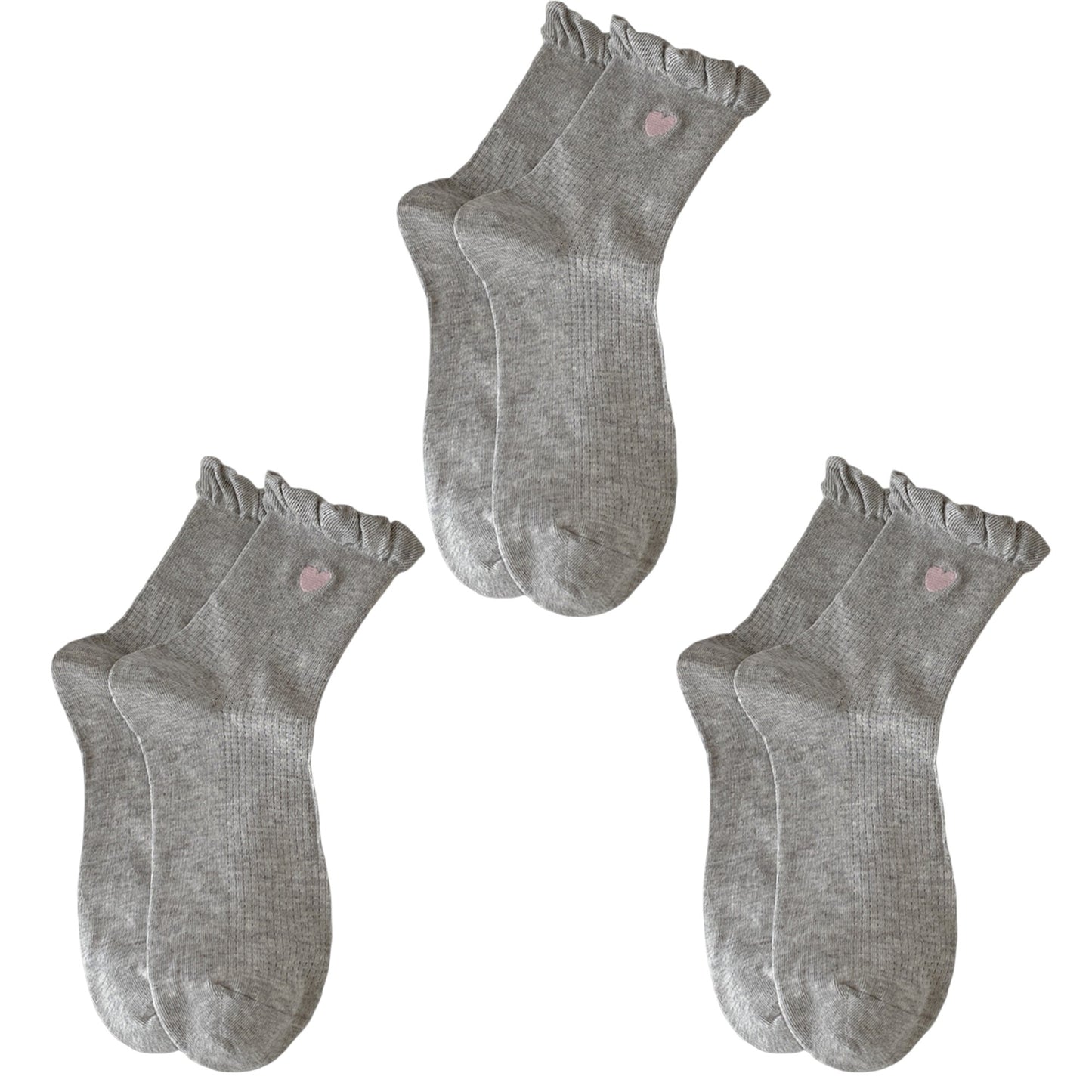 Anna-Kaci Women's 3-Pack Breathable Cotton Blend Socks with Ruffle Trim and Heart Embroidery