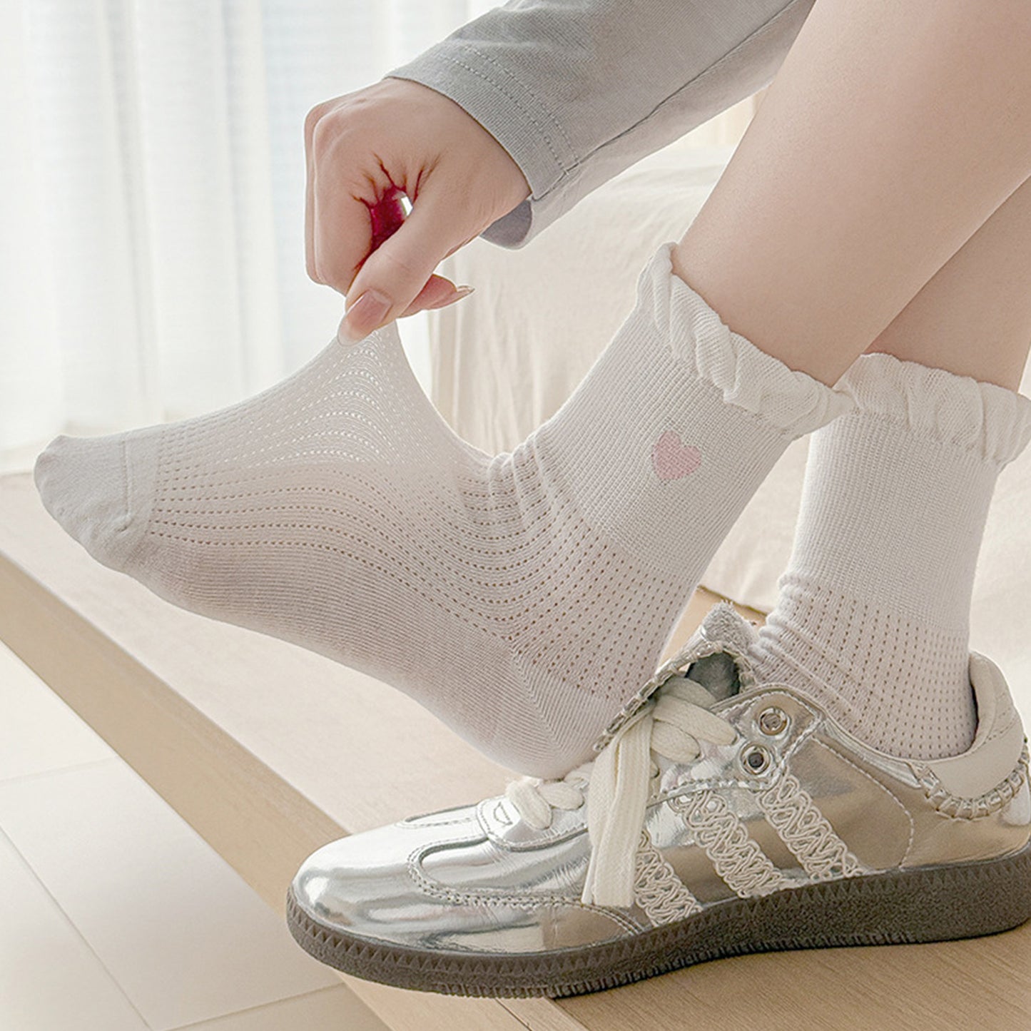 Anna-Kaci Women's 3-Pack Breathable Cotton Blend Socks with Ruffle Trim and Heart Embroidery