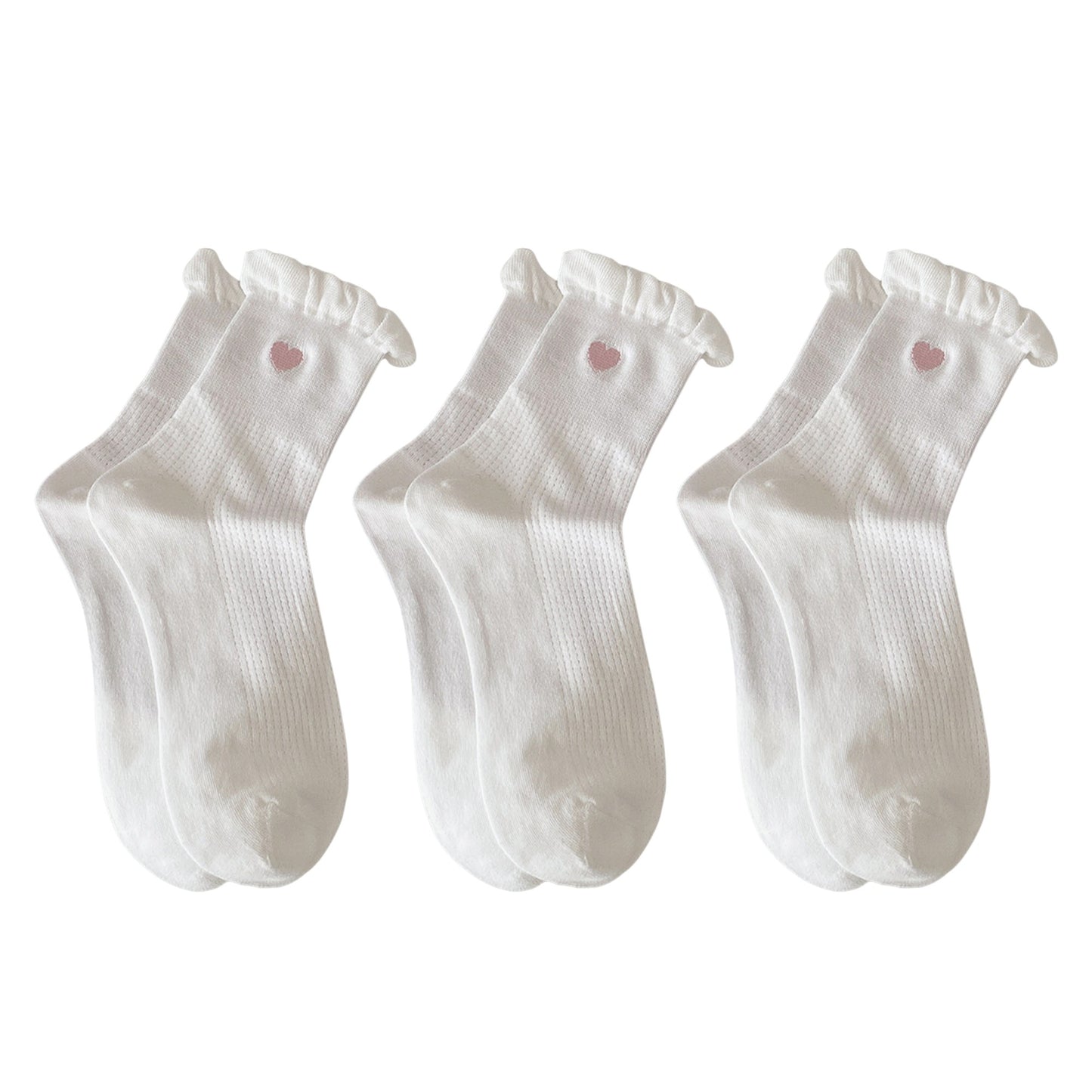 Anna-Kaci Women's 3-Pack Breathable Cotton Blend Socks with Ruffle Trim and Heart Embroidery