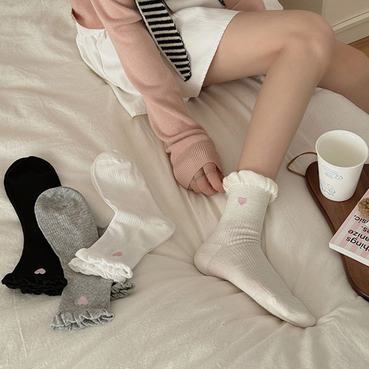 Anna-Kaci Women's 3-Pack Breathable Cotton Blend Socks with Ruffle Trim and Heart Embroidery