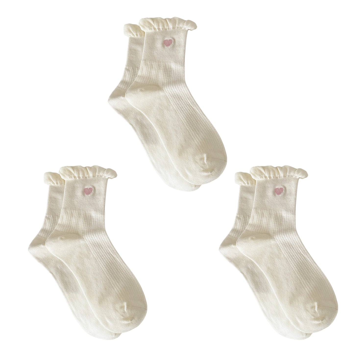 Anna-Kaci Women's 3-Pack Breathable Cotton Blend Socks with Ruffle Trim and Heart Embroidery