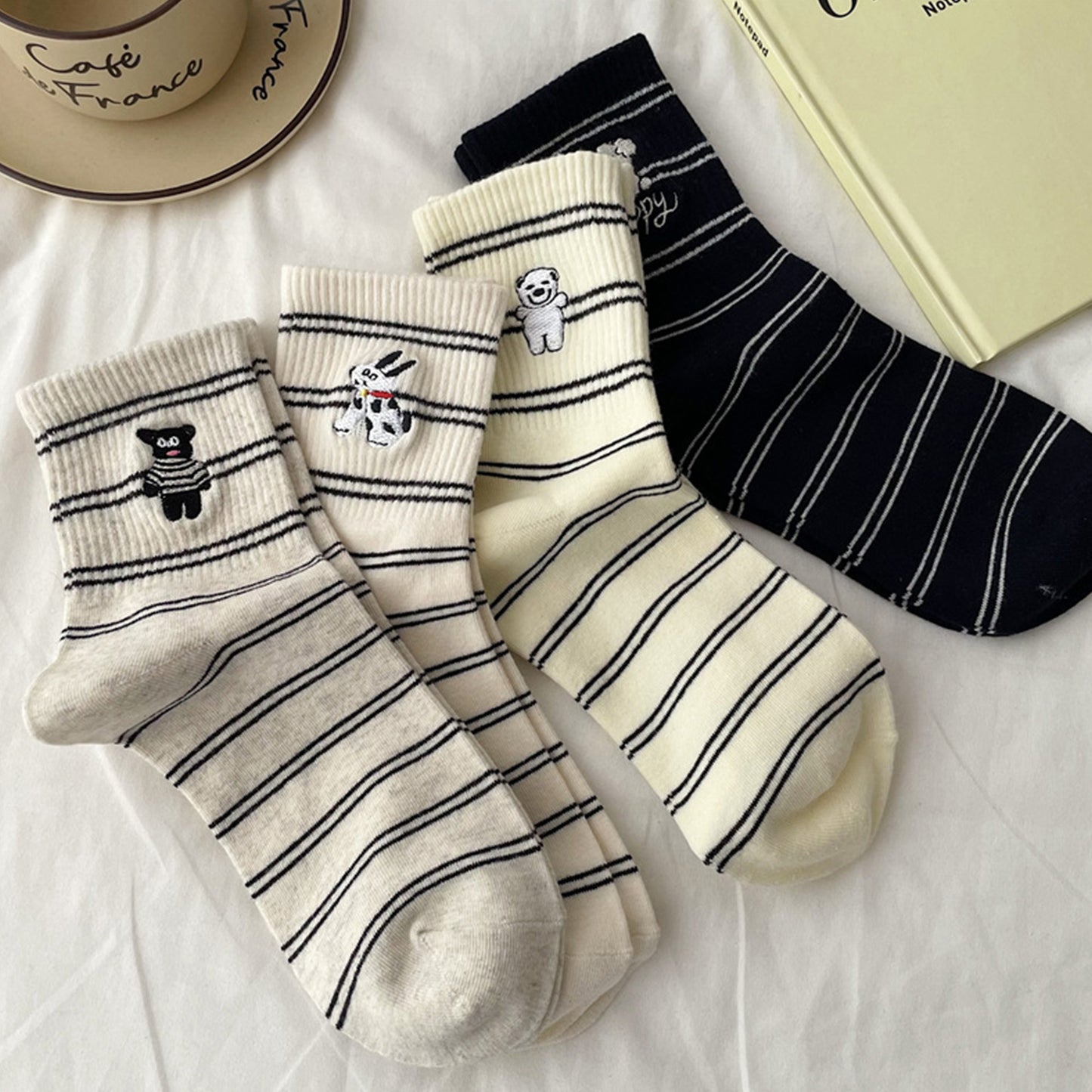 Anna-Kaci Women's 3-Pair Pack Cotton Blend Crew Socks with Cute Dogs Embroidery Design